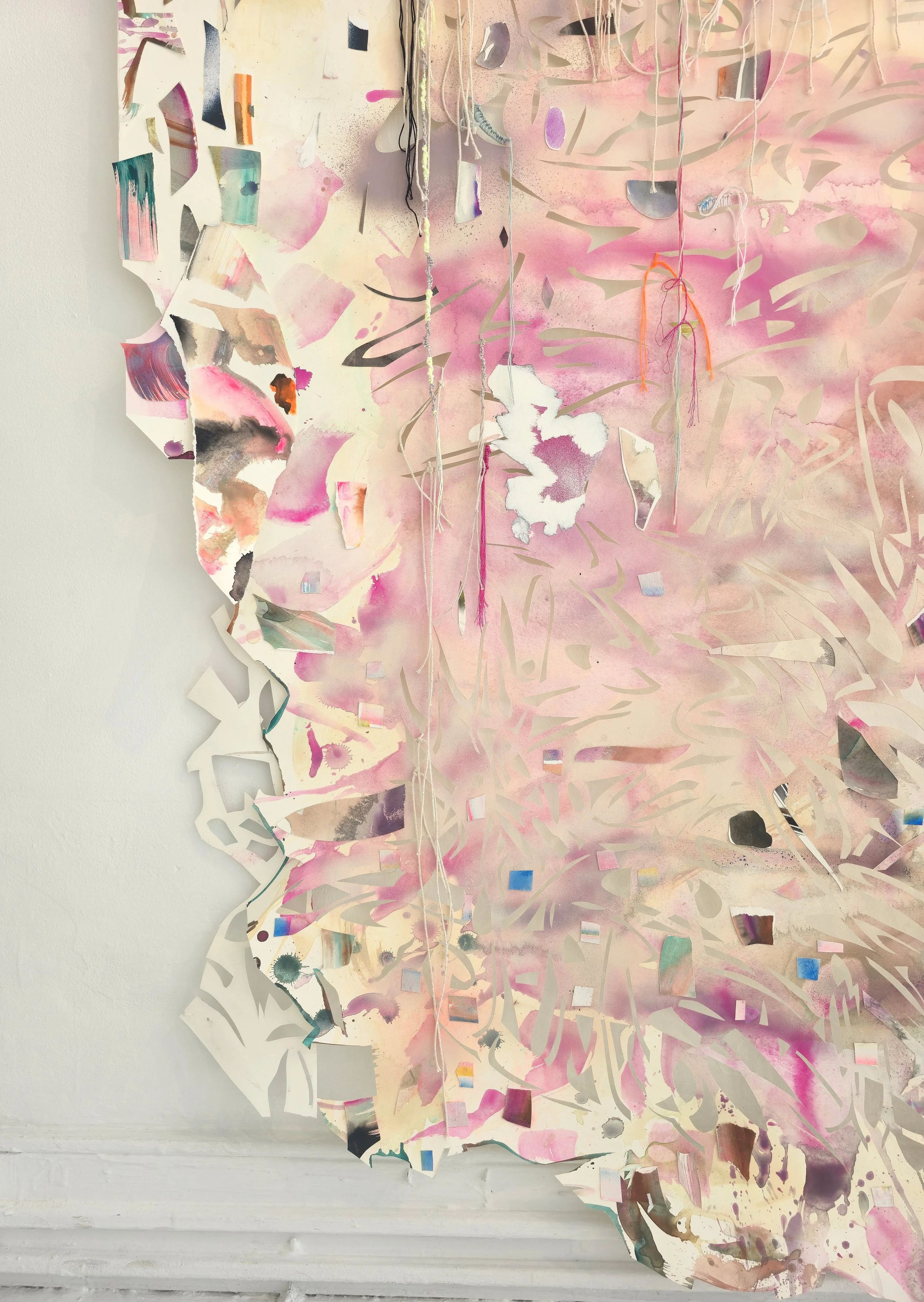   Way Far Out , 2025, detail Spray paint, acrylic, gouache, colored pencil, cotton twine and embroidery floss on hand cut and collaged paper 100 x 80 inches 