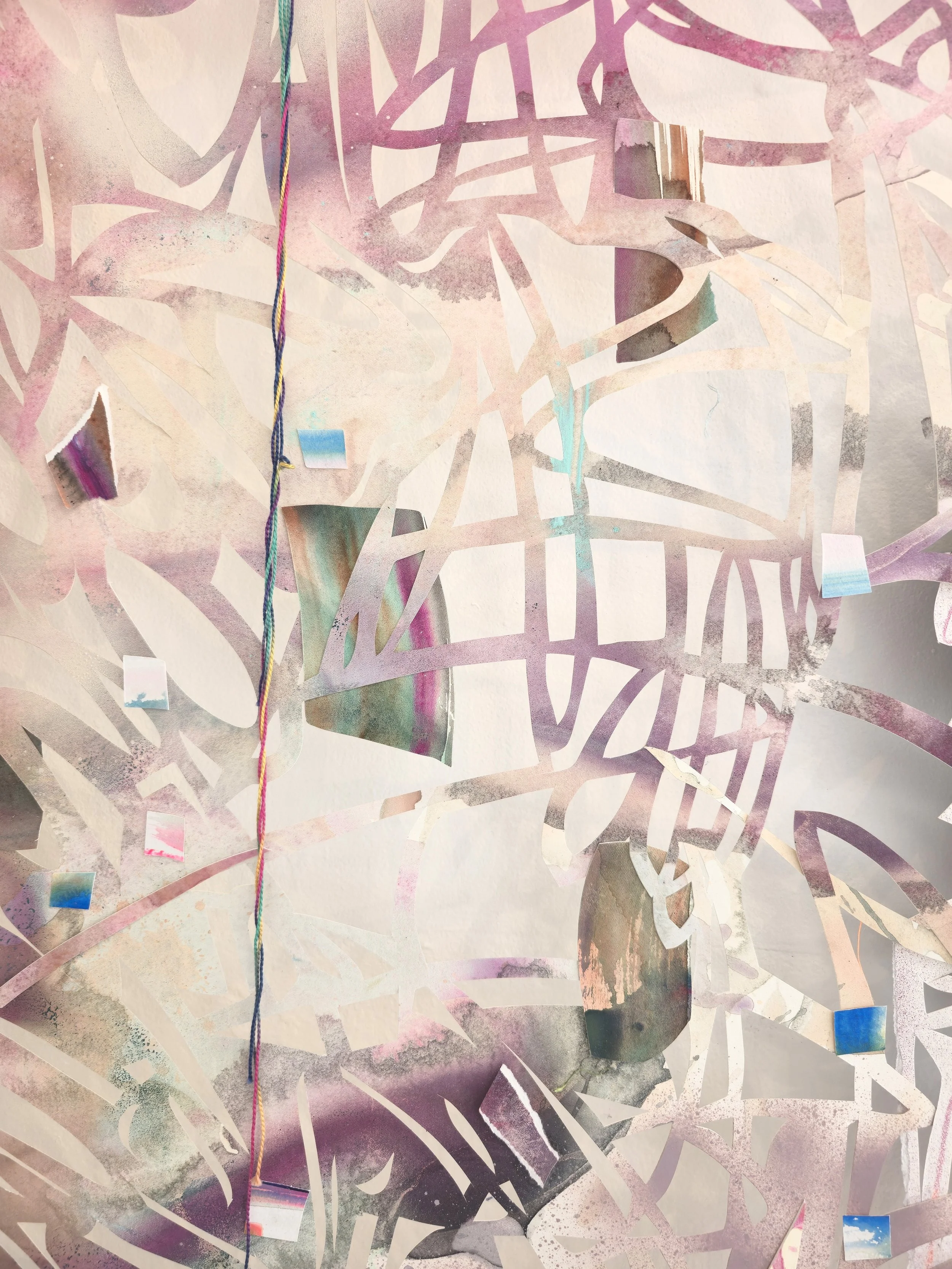   Way Far Out , 2025, detail Spray paint, acrylic, gouache, colored pencil, cotton twine and embroidery floss on hand cut and collaged paper 100 x 80 inches 