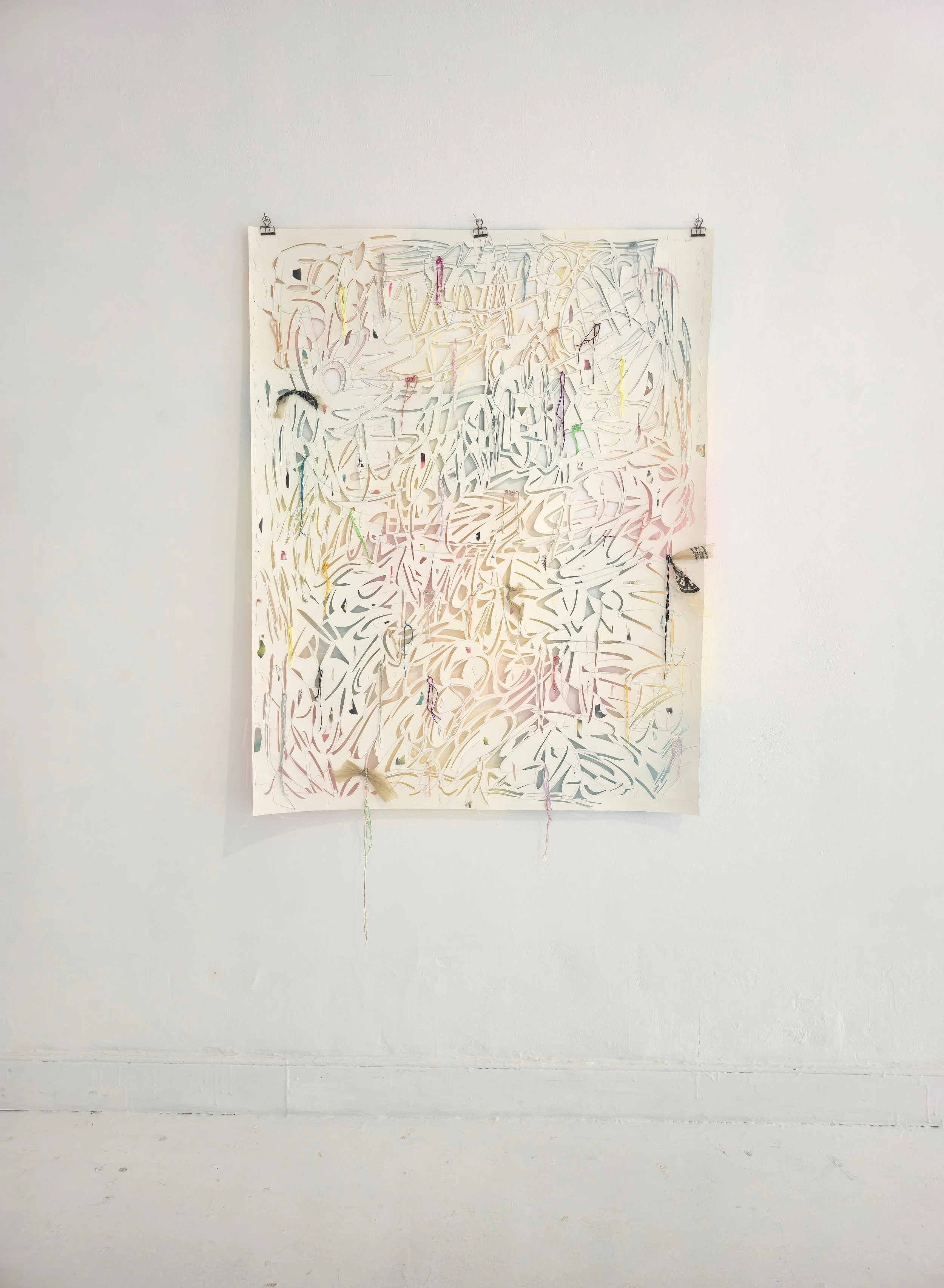   Afterimage , 2025 Spray paint, gouache, colored pencil, embroidery floss and plastic bag on hand cut and collaged paper 55 x 43 inches 