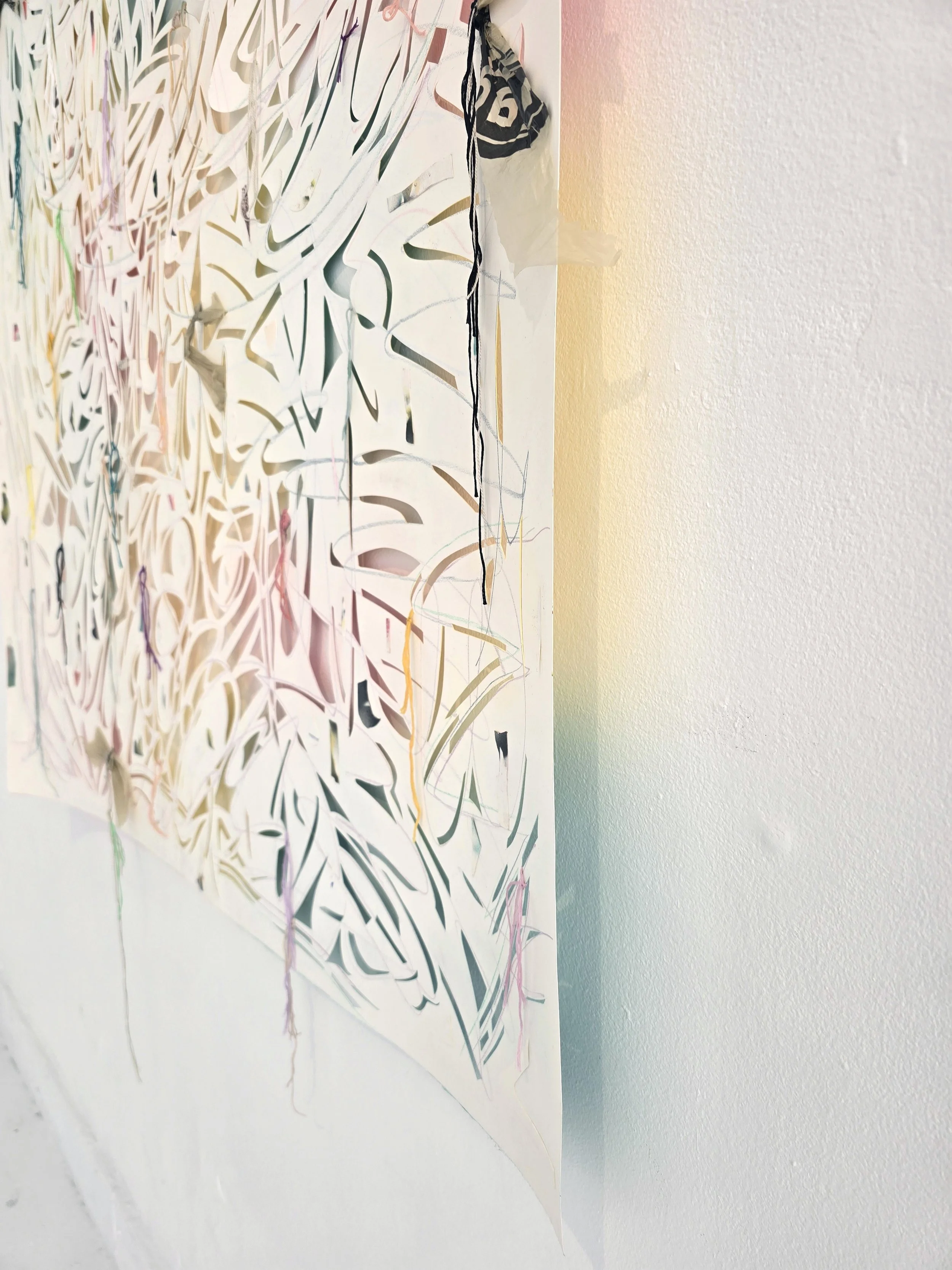   Afterimage , 2025, detail Spray paint, gouache, colored pencil, embroidery floss and plastic bag on hand cut and collaged paper 55 x 43 inches 