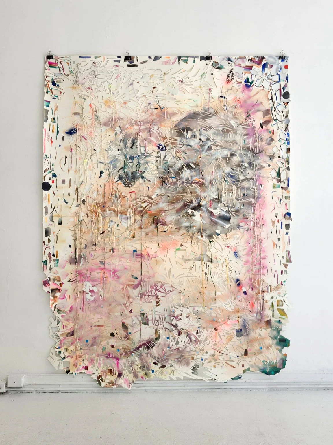   Way Far Out , 2025 Spray paint, acrylic, gouache, colored pencil, cotton twine and embroidery floss on hand cut and collaged paper 100 x 80 inches 