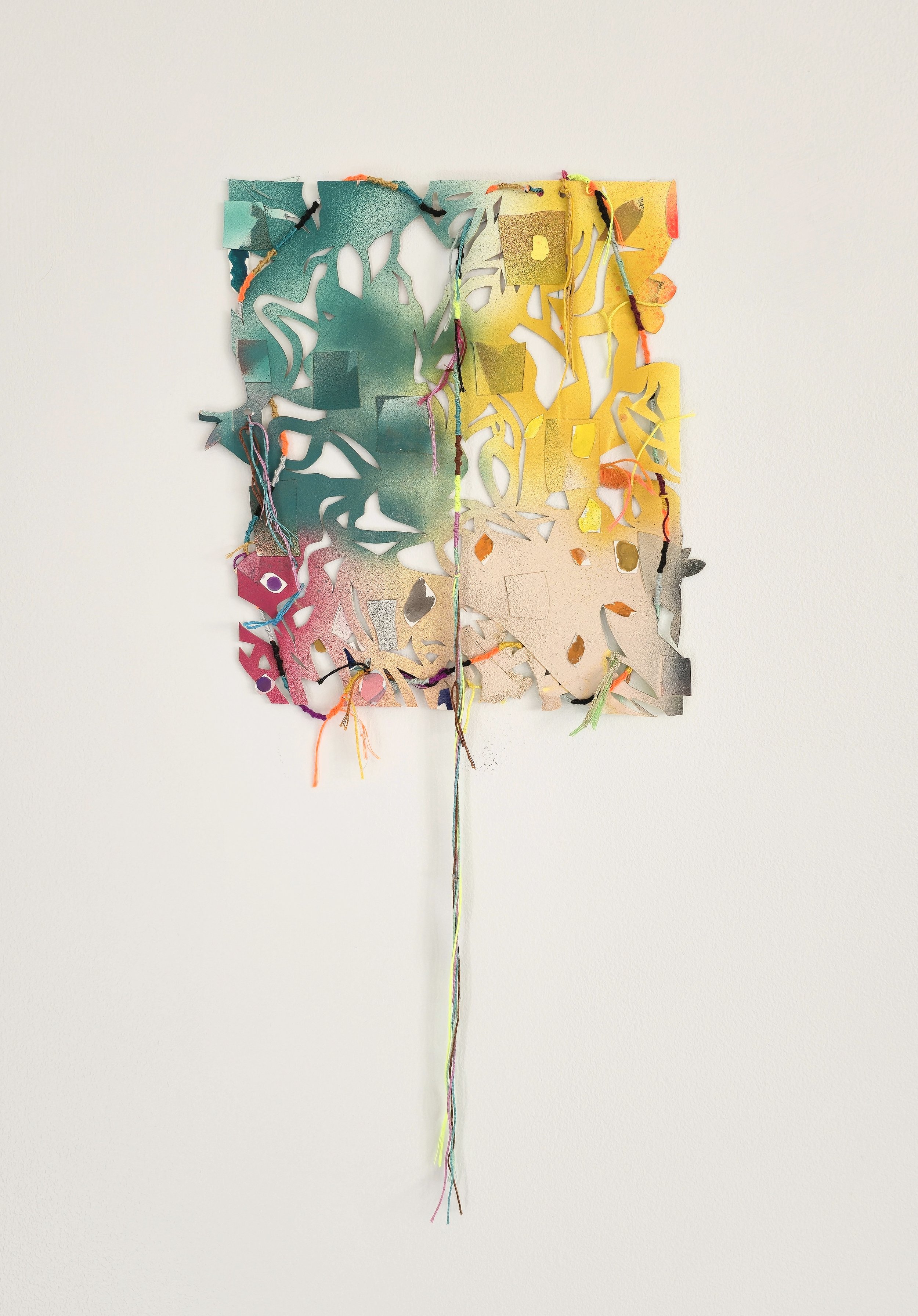   Wound Up Tight , 2025 Spray paint, gouache and embroidery floss on hand cut and collages paper 25 x 11 ½ inches 