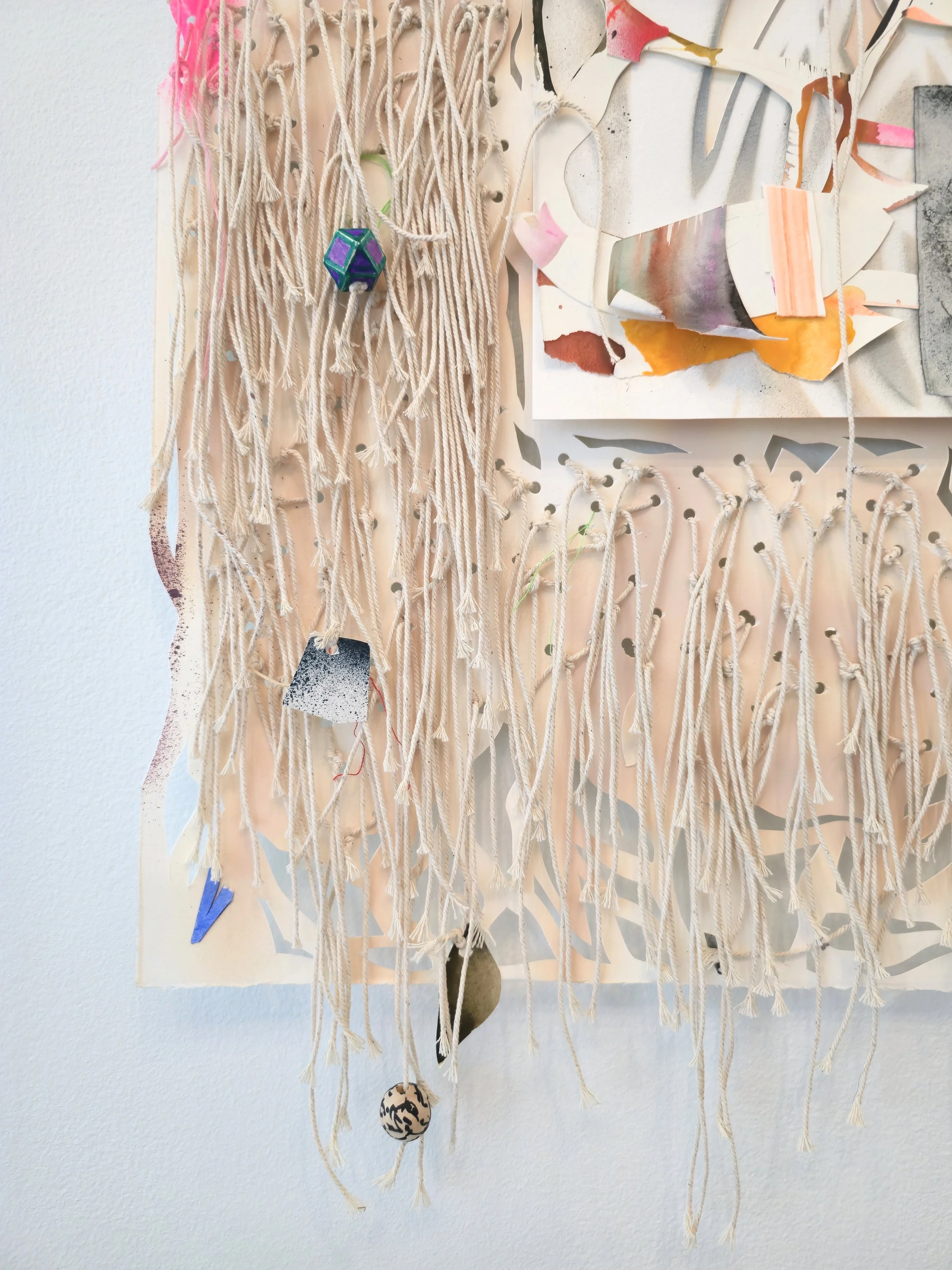   Game Night (God’s Dice) , 2025, detail Spray paint, gouache, acrylic, flashe, graphite powder, colored pencil, string, embroidery floss, Sharpie and wooded beads on hand cut and collaged paper 33 x 22 inches 