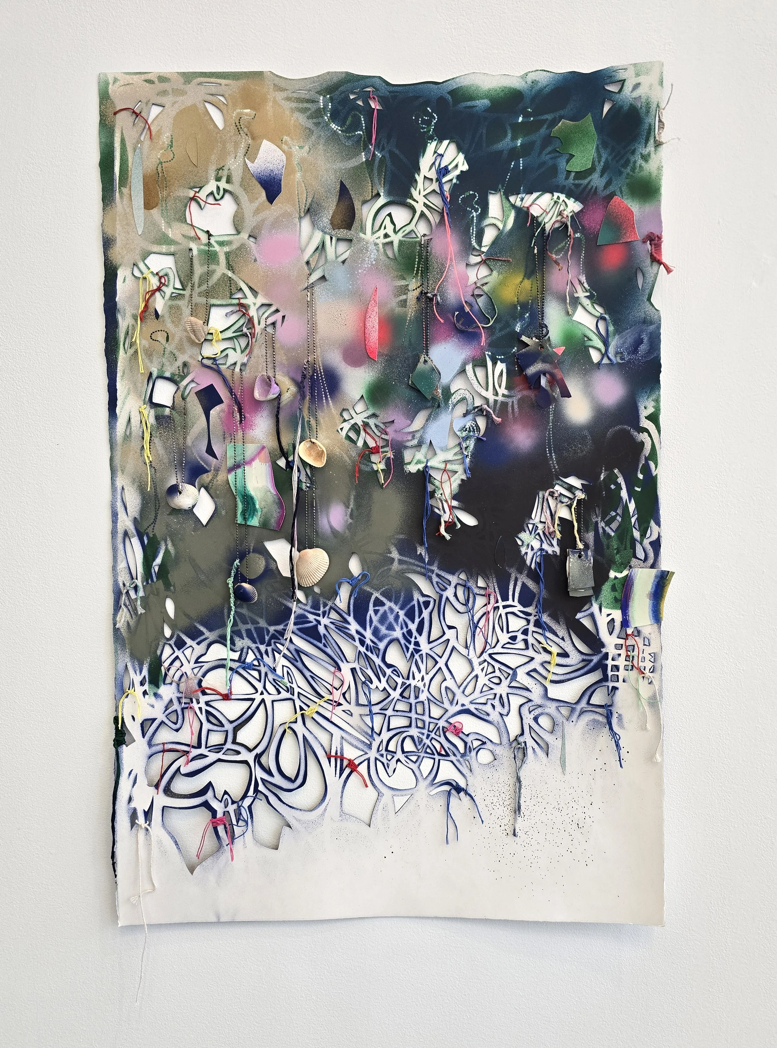   Parts &amp; Labor (2) , 2025 Spray paint, gouache, embroidery floss, painted string, ball chain, and found shells on hand cut and collaged paper 40 x 26 inches 