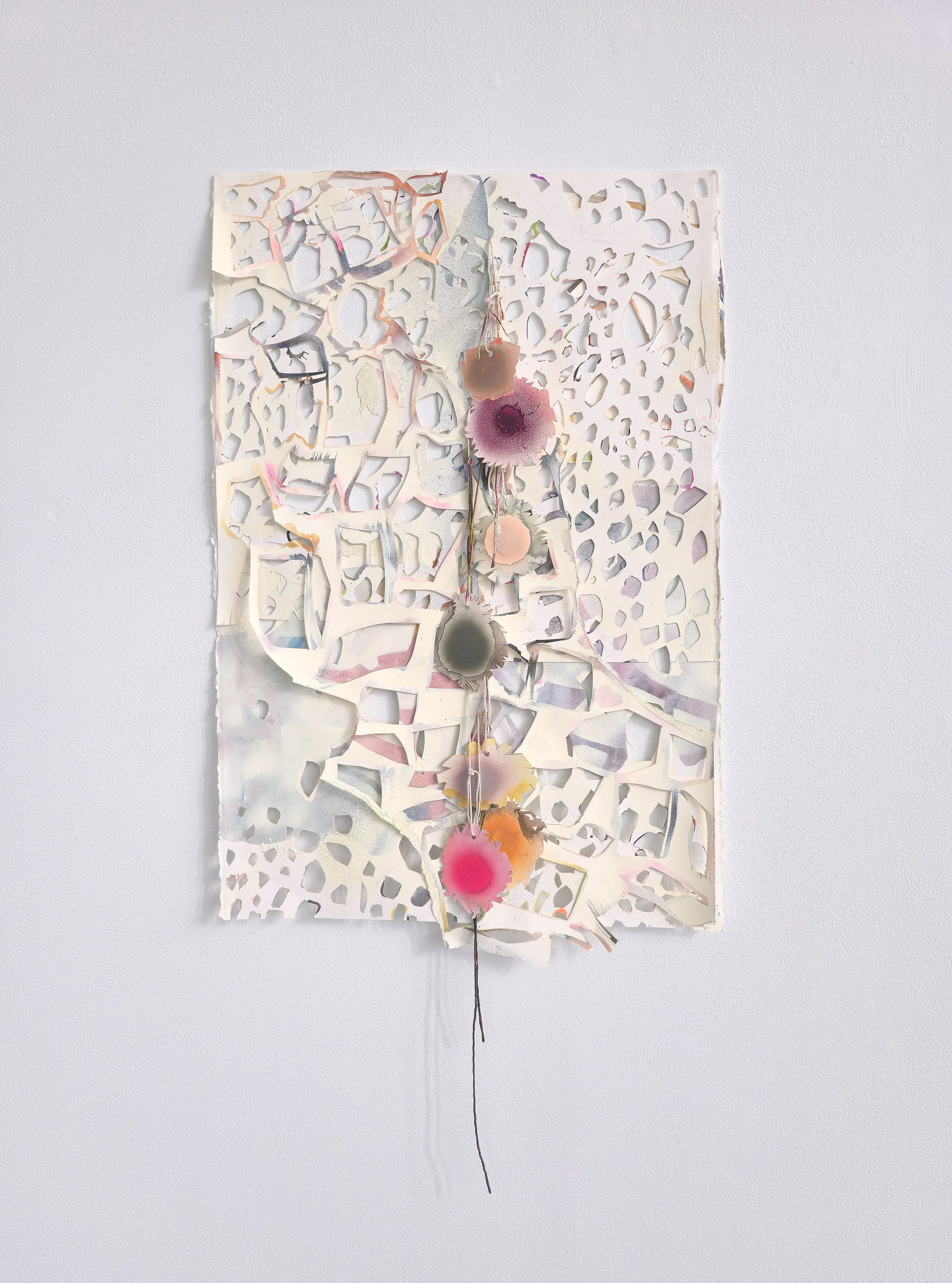  A Ledger of Blows , 2026 Spray paint, gouache, acrylic, colored pencil and flashe on string and cut and collaged paper 42 × 23 inches 