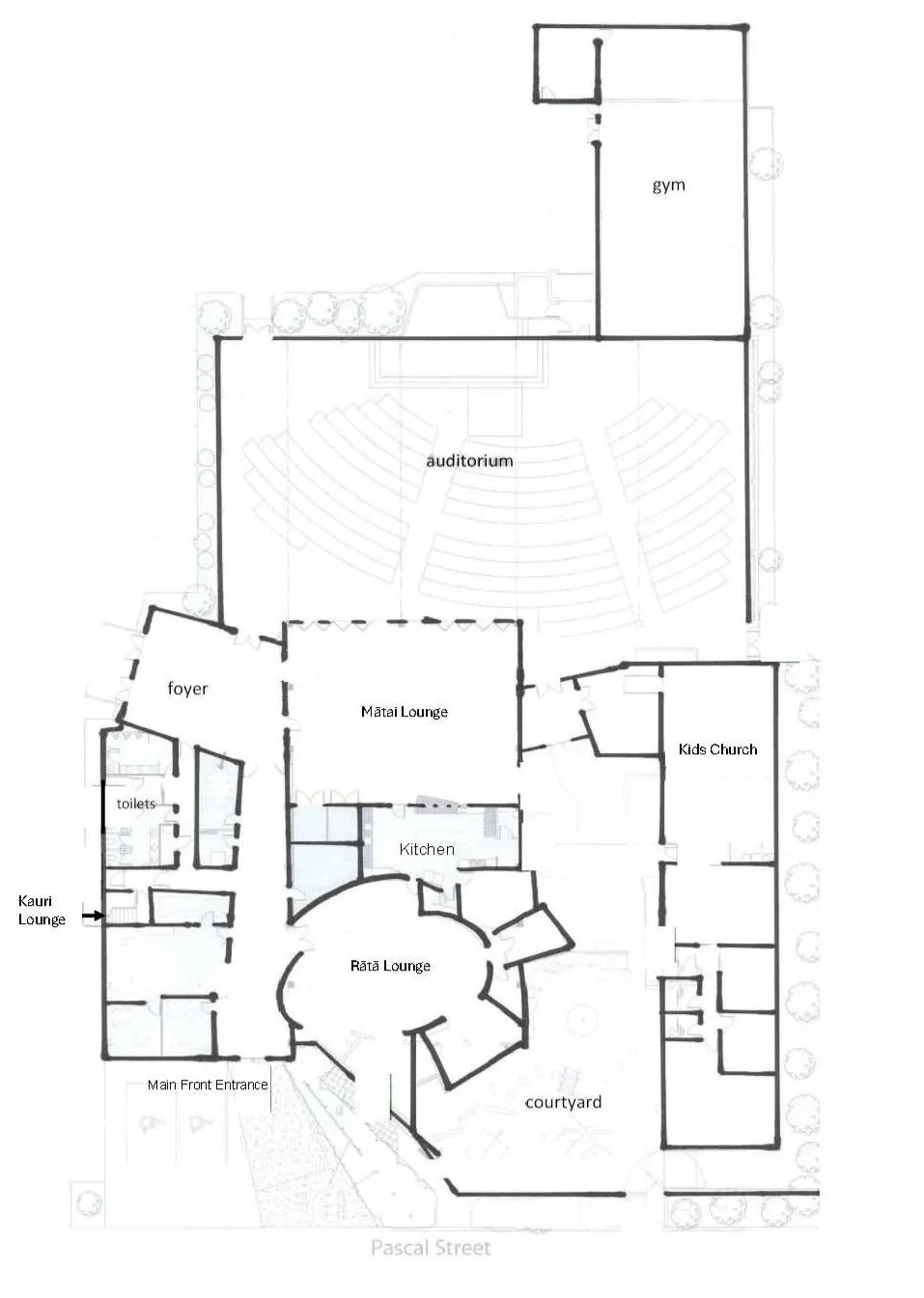 Architectural floor plan and site map of Christian Community Church (CCC), available for booking or hire in Palmerston North