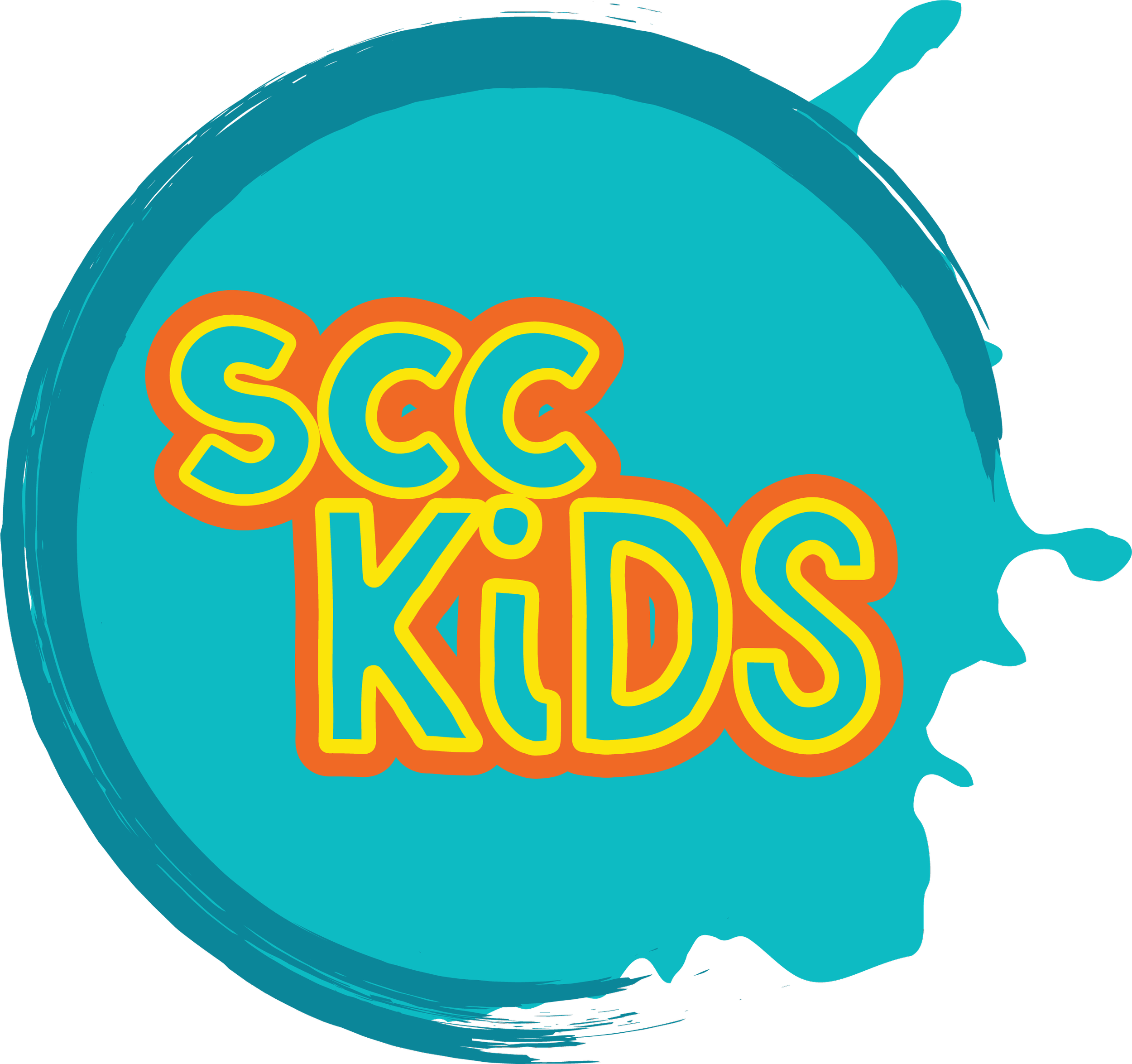 Colorful logo for SCC Kids featuring a blue paint splatter background with the words SCC Kids in bright, playful colors.