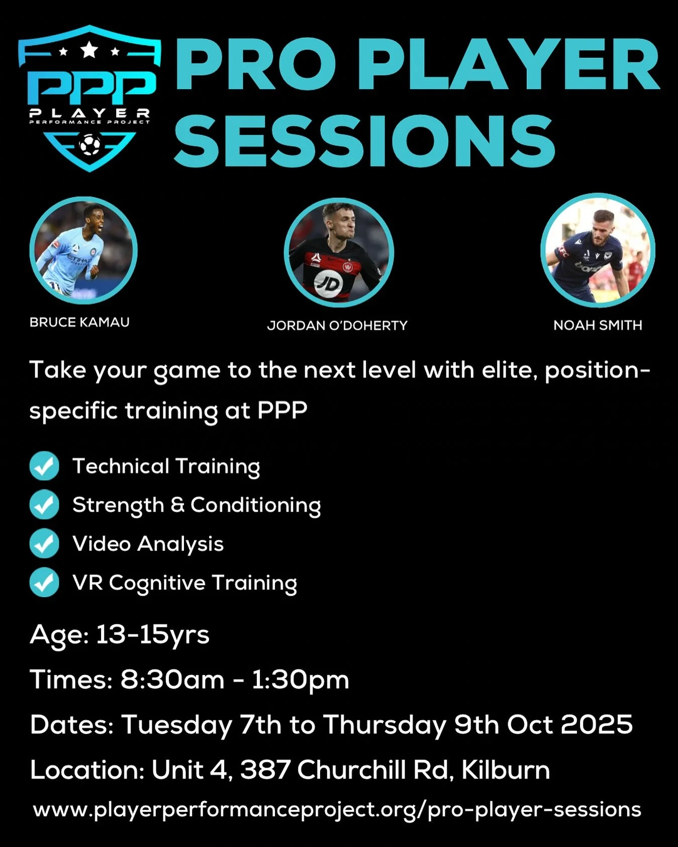 β½οΈ OCTOBER SCHOOL HOLIDAYS: PRO PLAYER SESSIONS β½οΈ
Train like a pro these school holidays with Bruce Kamau, Jordan O’Doherty, and Noah Smith at the Player Performance Project! β½π₯
π₯ U13–U15 players only
π₯ High-intensity, position-spec