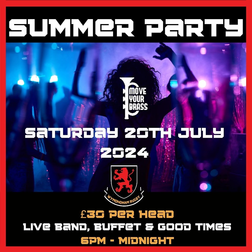 🎉 Get ready to party, Wymondham style! 🌞 Join us for our Summer Party at Wymondham Rugby Club on Saturday, July 20th, from 6pm onwards. Dress to impress and enjoy a delicious buffet included with your ticket. 

Dance the night away to the incredibl