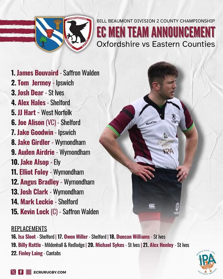 Congratulations to our very own Jake Girdler, Auden Airdrie, Angus Bradley, Josh Clark &amp; Elliot Foley for being selected to represent Eastern Counties Rugby Union this afternoon away to Oxfordshire in their first game of the Bill Beaumont Divsion