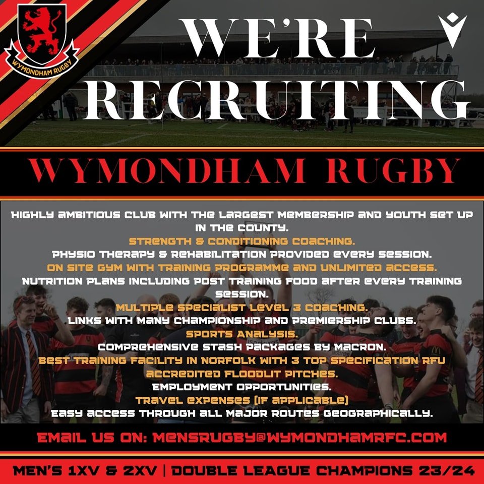 Join the Red &amp; Black Army and be part of our success story! 🔴⚫️ 

Here at Wymondham Rugby Club, we are looking for individuals to join our amazing team and add even more breadth and depth to our already strong squad of players. Our 1XV &amp; 2XV