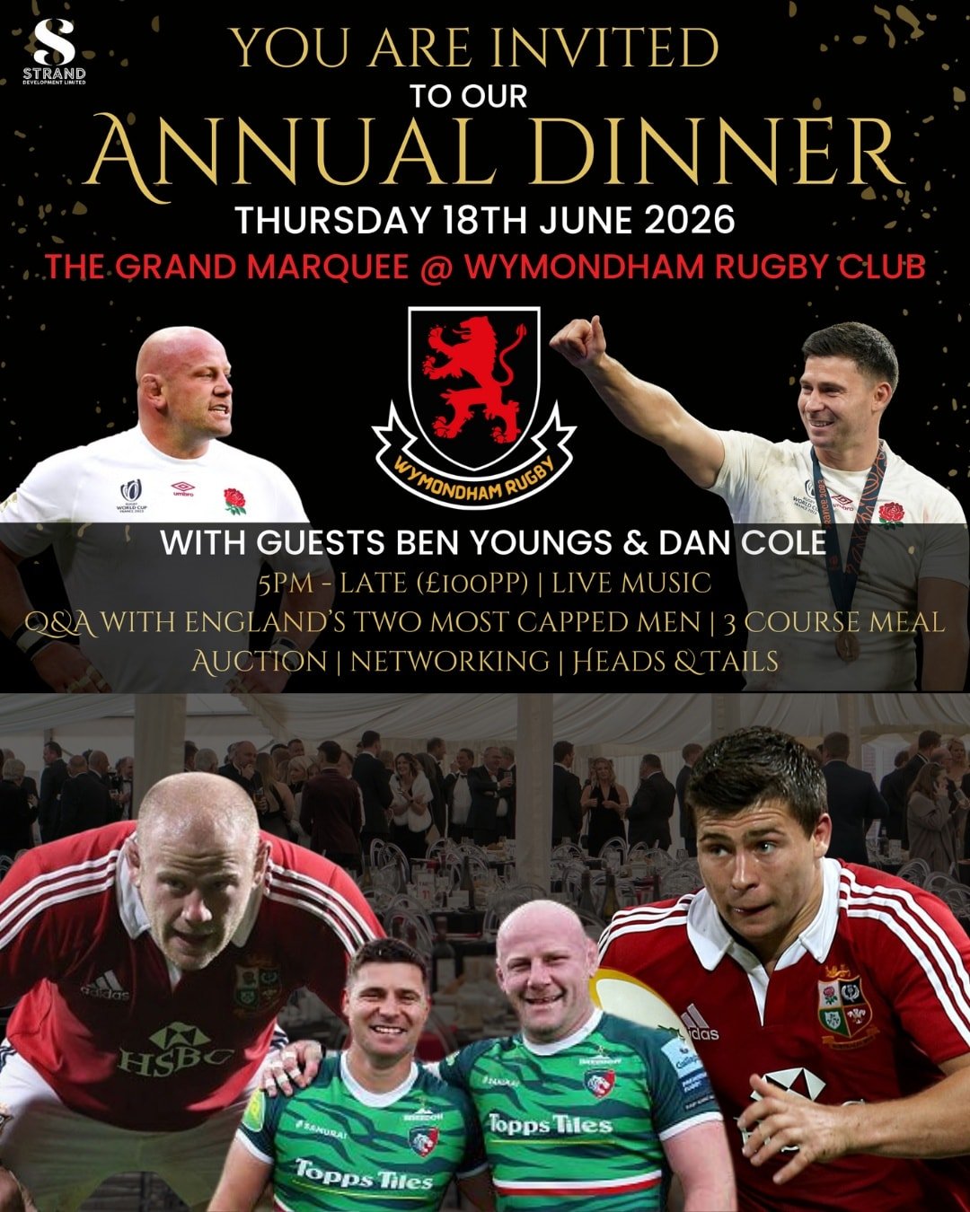 🎉 You're Invited &ndash; Wymondham Rugby Annual Dinner!

📅 Thursday, 18th June 2026 | 
🕔 5pm - Late
📍 Grand Marquee, Wymondham RFC
🎩 Dress Code: Black Tie

🌟 Special Guests:
Join us for a live Q&amp;A with England Rugby legends @benyoungs09 &am