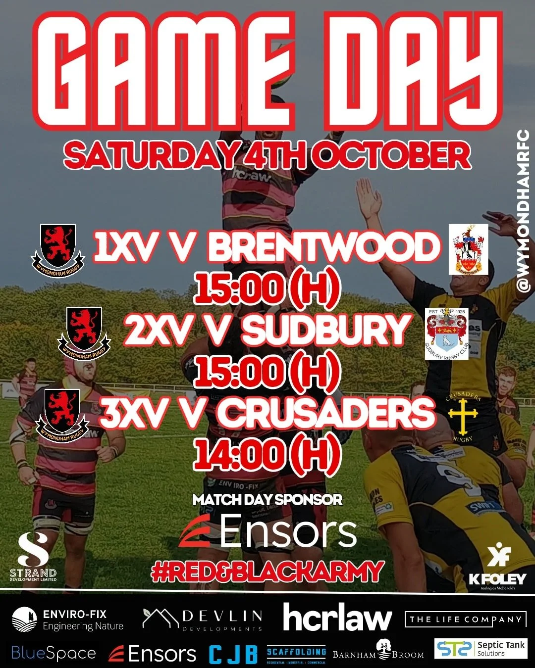 🔥 IT&rsquo;S GAME DAY! 🔥

Three Men&rsquo;s Teams take the field at Barnard Fields &ndash; the Red &amp; Black Army is ready to roar! 🔴⚫

Feel the energy of Wymondham Rugby, where passion meets pride, and RFU Rugby Fest inspires the next generatio