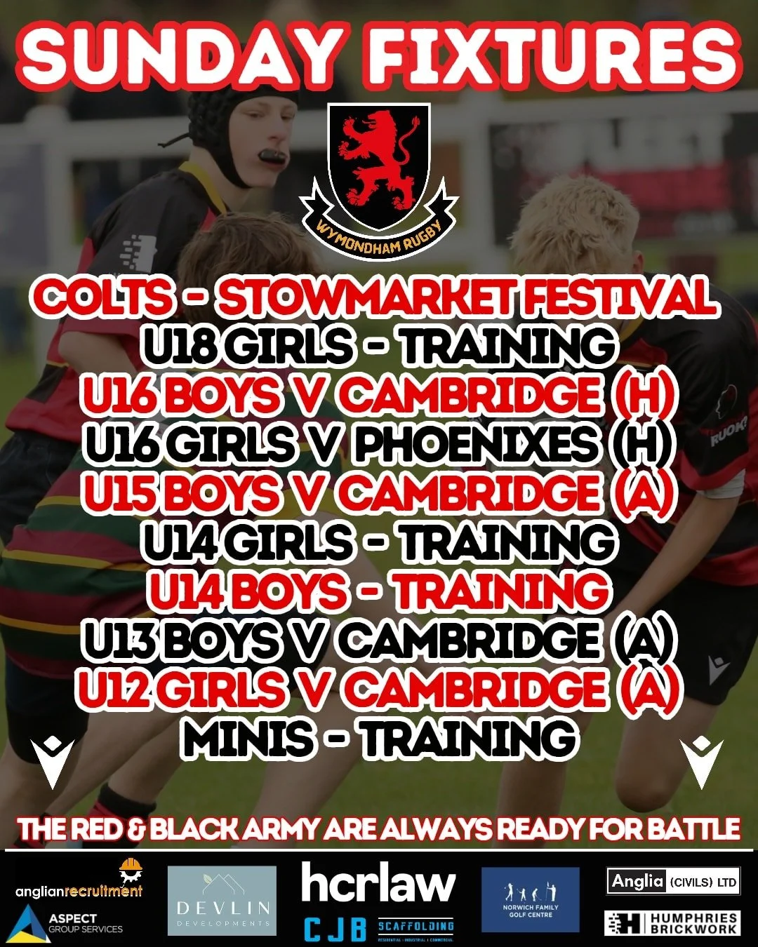 Best of luck to all teams pulling on the Red &amp; Black jersey this weekend, representing the mighty Wymondham!
Play hard, enjoy every minute, and have a blast with your mates by your side. 💪
Let&rsquo;s go, Wymondham! 🔴⚫️

We&rsquo;ve got two gre
