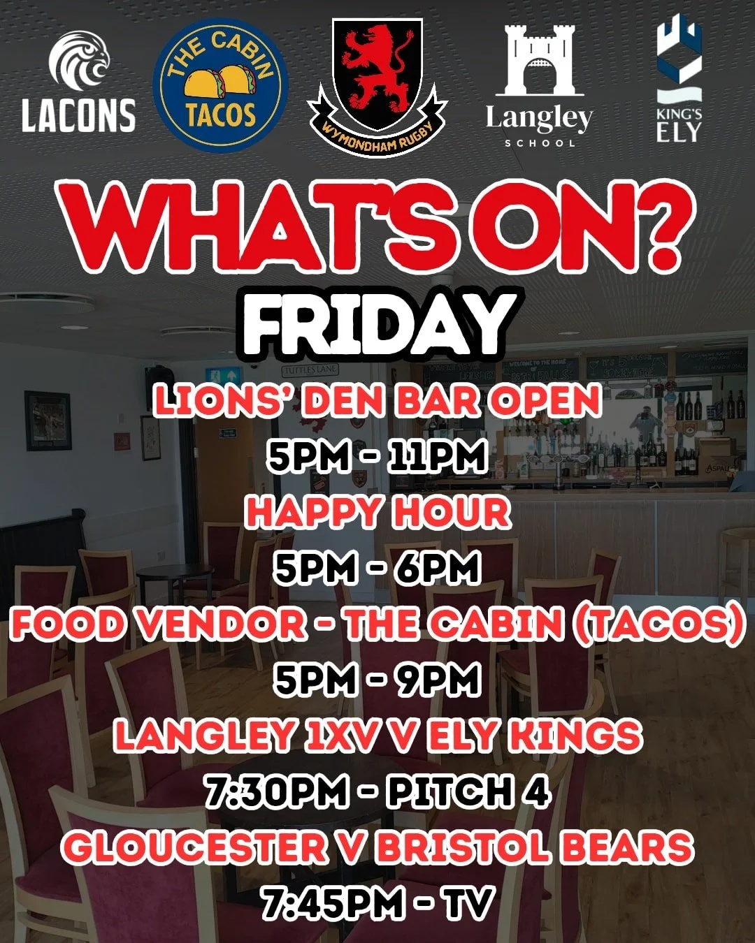 🎉 What&rsquo;s On &ndash; Friday 17th October! 🎉

Join us this Friday and kick off your weekend the right way!

🍺 Bar Open from 5pm
😊 Happy Hour Specials
🌮 Food Vendor: @thecabinnorfolk serving up delicious taco delights from 5pm
🏉 School&rsquo