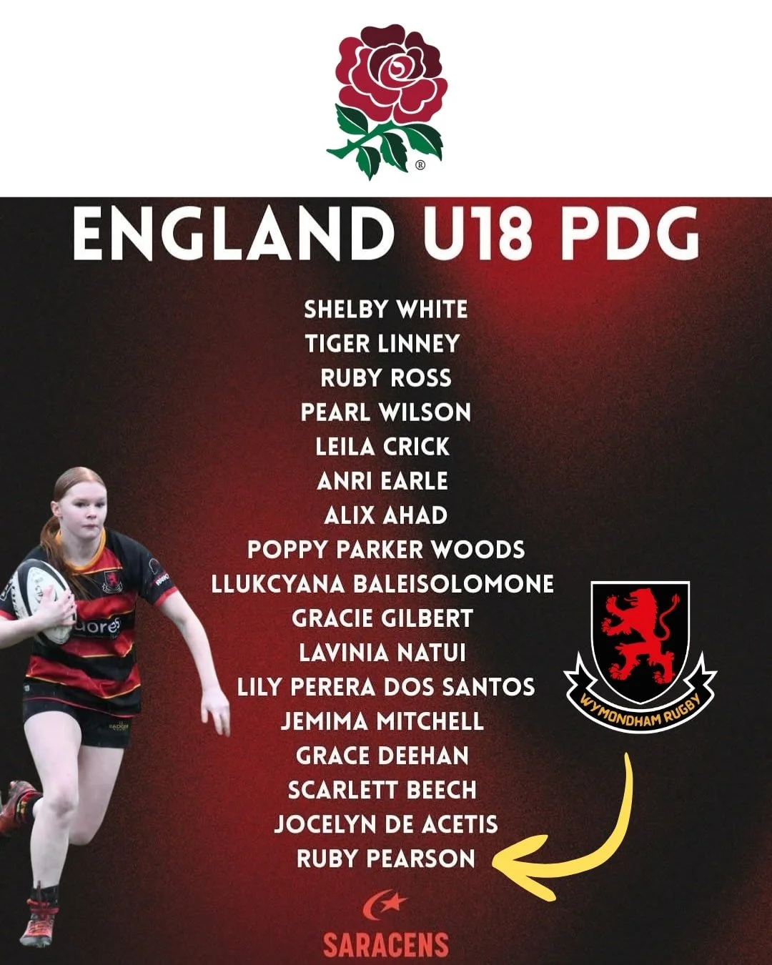 🎉 Congratulations to our very own Ruby Pearson! 🎉

We&rsquo;re thrilled to announce that Ruby has been selected from the Saracens Academy to be part of the England PDG U18 squad! 🏴󠁧󠁢󠁥󠁮󠁧󠁿 🏉 🌹 

What an incredible achievement &mdash; a testa