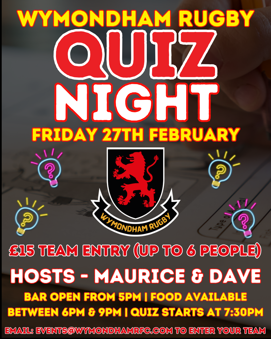 Event poster for Wymondham RFC Quiz Night featuring a black background, string lights, lightbulb graphics with a rugby crest, event date February 27th, registration and timing details, price, and contact information.