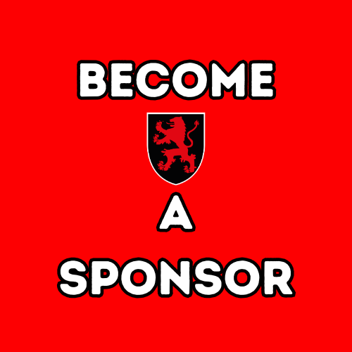 Red background with white bold text that says 'Become a Sponsor' and a black shield with a red lion in the center.
