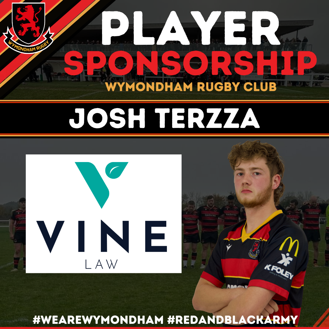 Player sponsorship poster for Wymondham Rugby Club featuring Josh Terzza with a rugby team and sponsor logos, including Vine Law.
