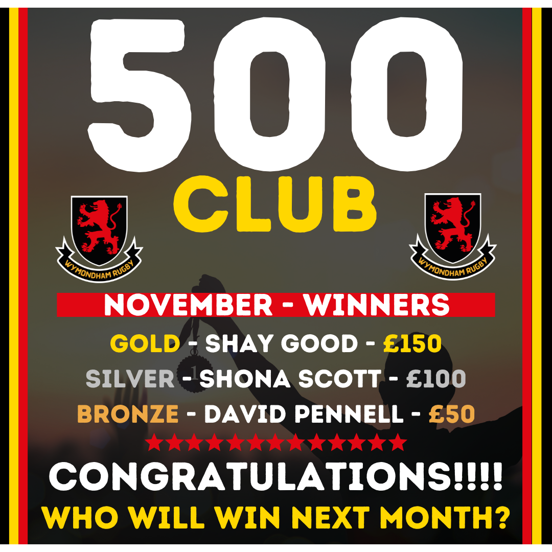 A poster displaying the winners of the November club competition. Shay Good won gold with £150, Shona Scott silver with £100, and David Pennell bronze with £50. The poster features a rugby theme with Wyamondham Rugby logos and congratulatory messages.