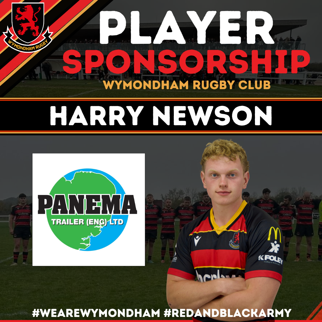 Poster promoting Wymondham Rugby Club player sponsorship for Harry Newson, featuring team photo, sponsor logos, and hashtags #WEAREWYMONDHAM #REDANDBLACKARMY.