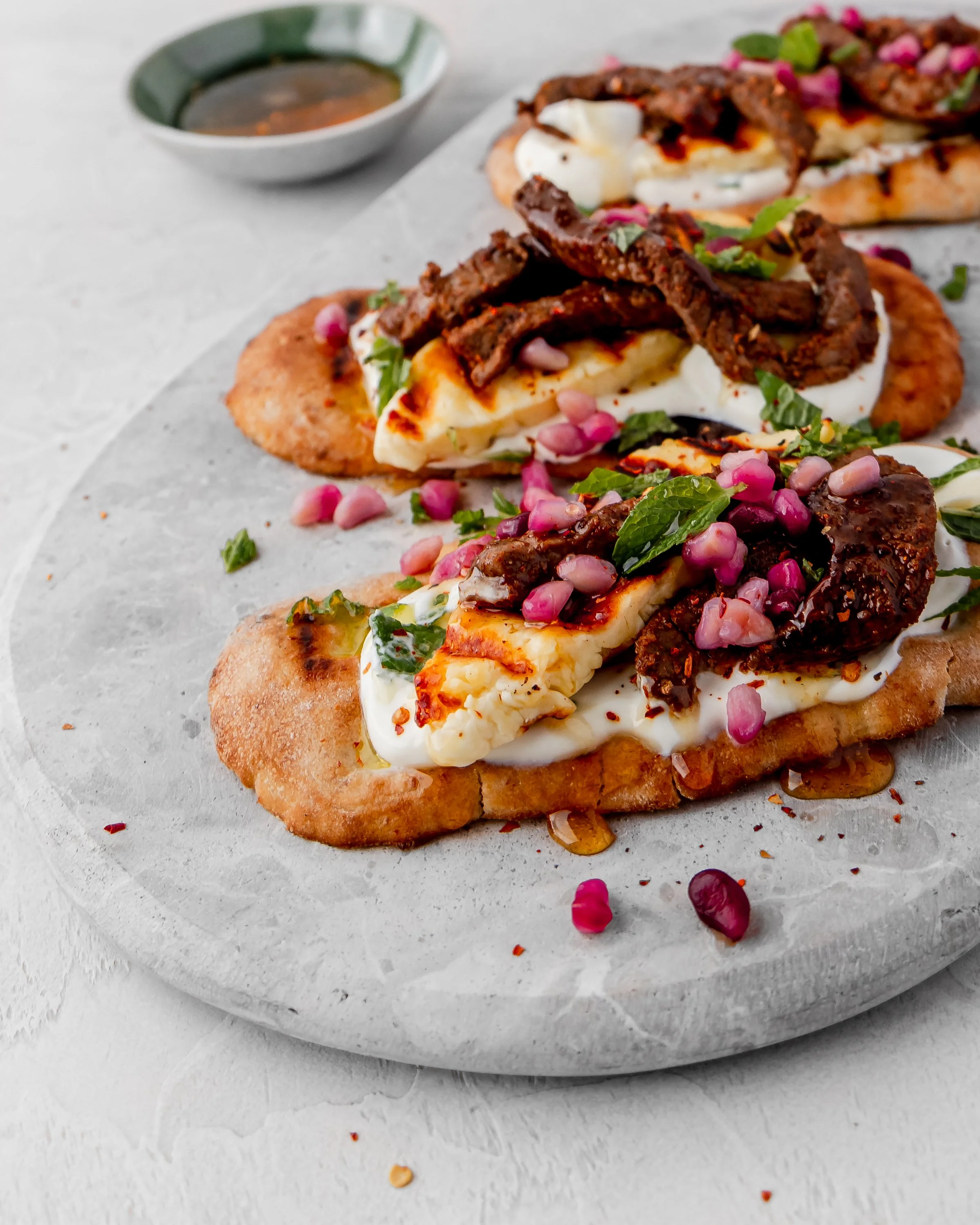 Hot Honey Beef & Haloumi Flatbread