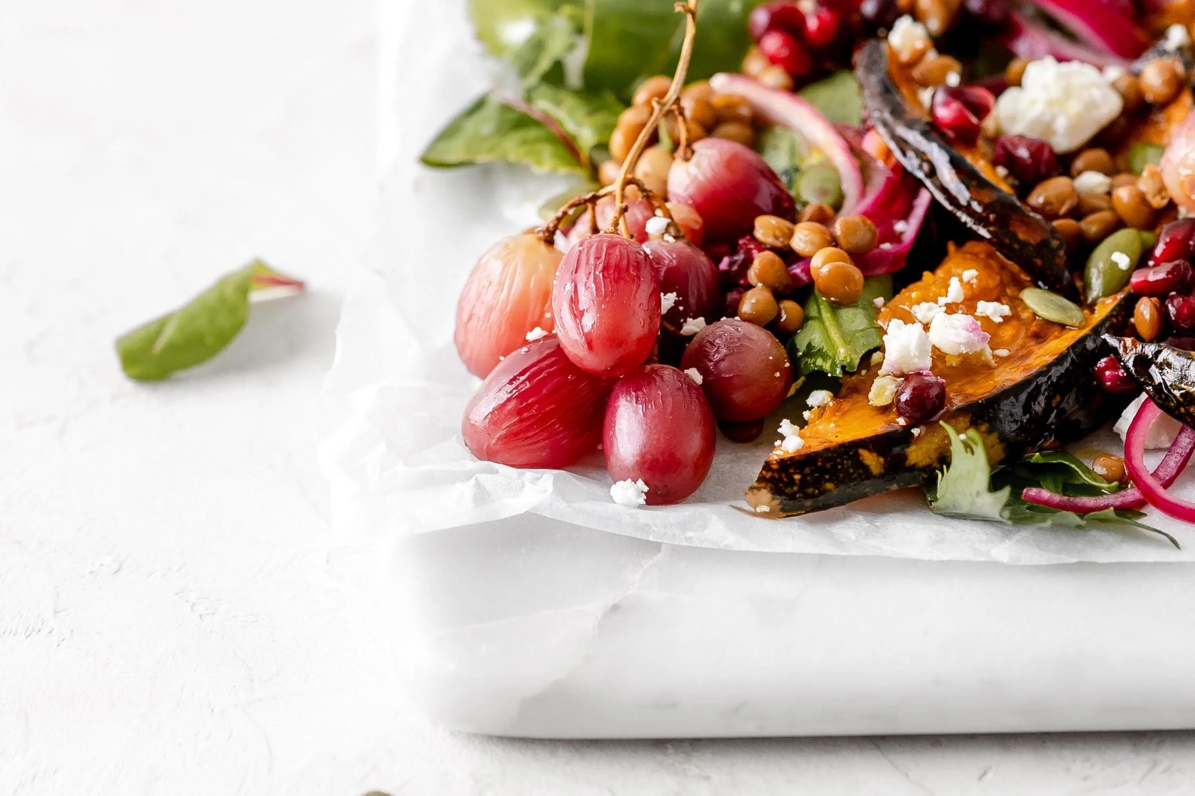 Roasted Pumpkin Grape &amp; Pomegranate Lentil Salad