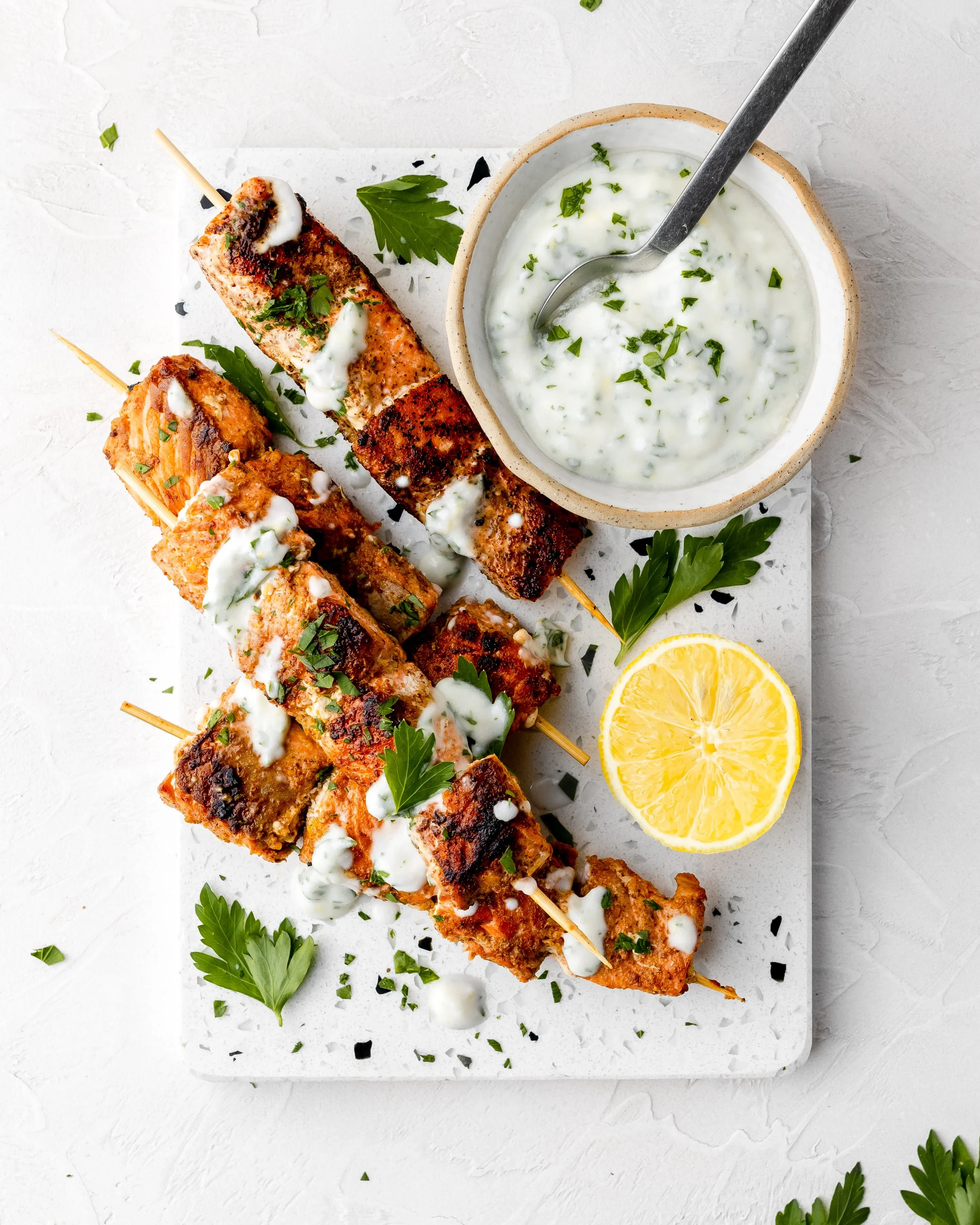 BBQ Salmon Skewers with Yoghurt Parsley Sauce — Natural Spoonfuls