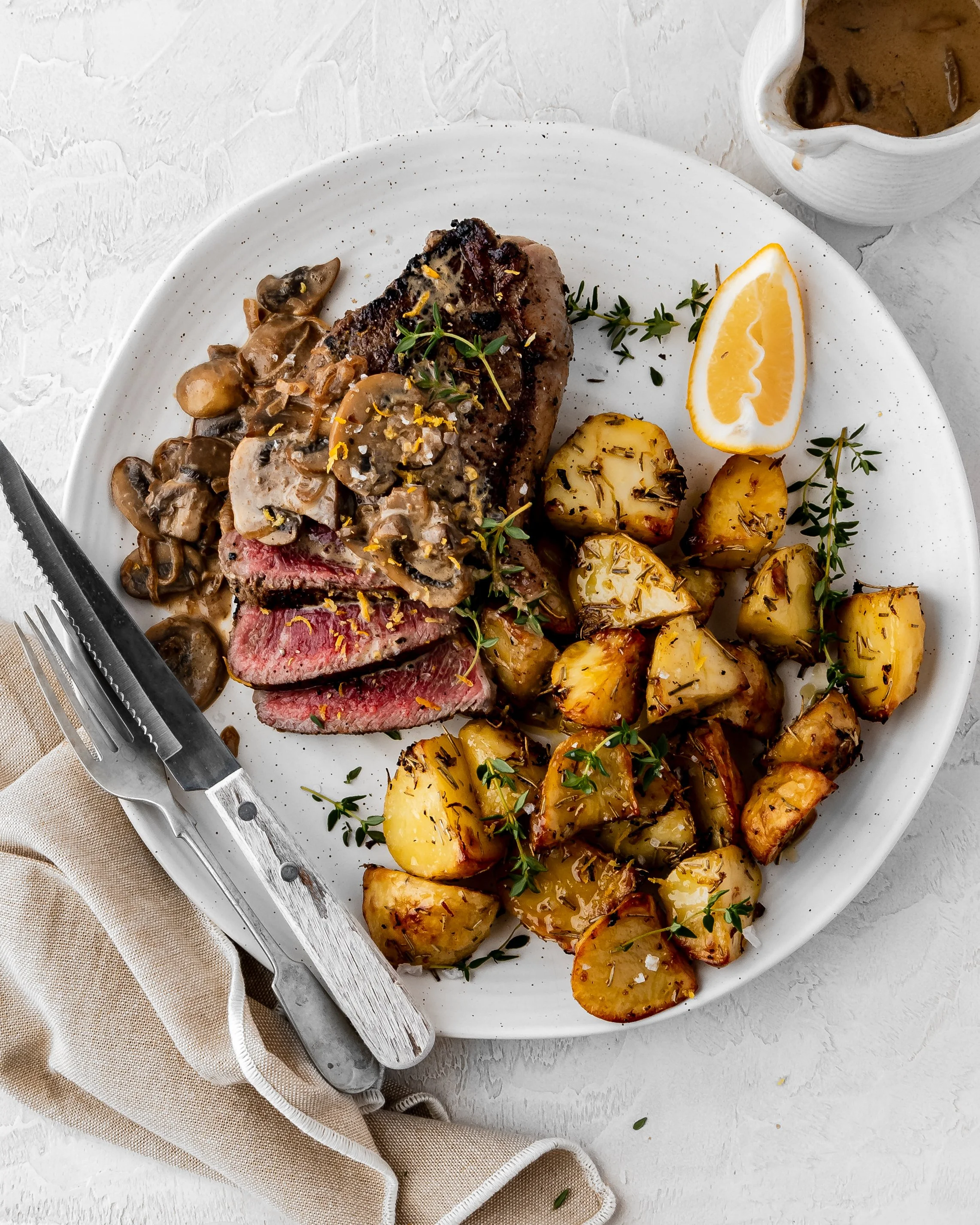 Steak & Mushroom Gravy with Lemon Garlic Roast Potatoes