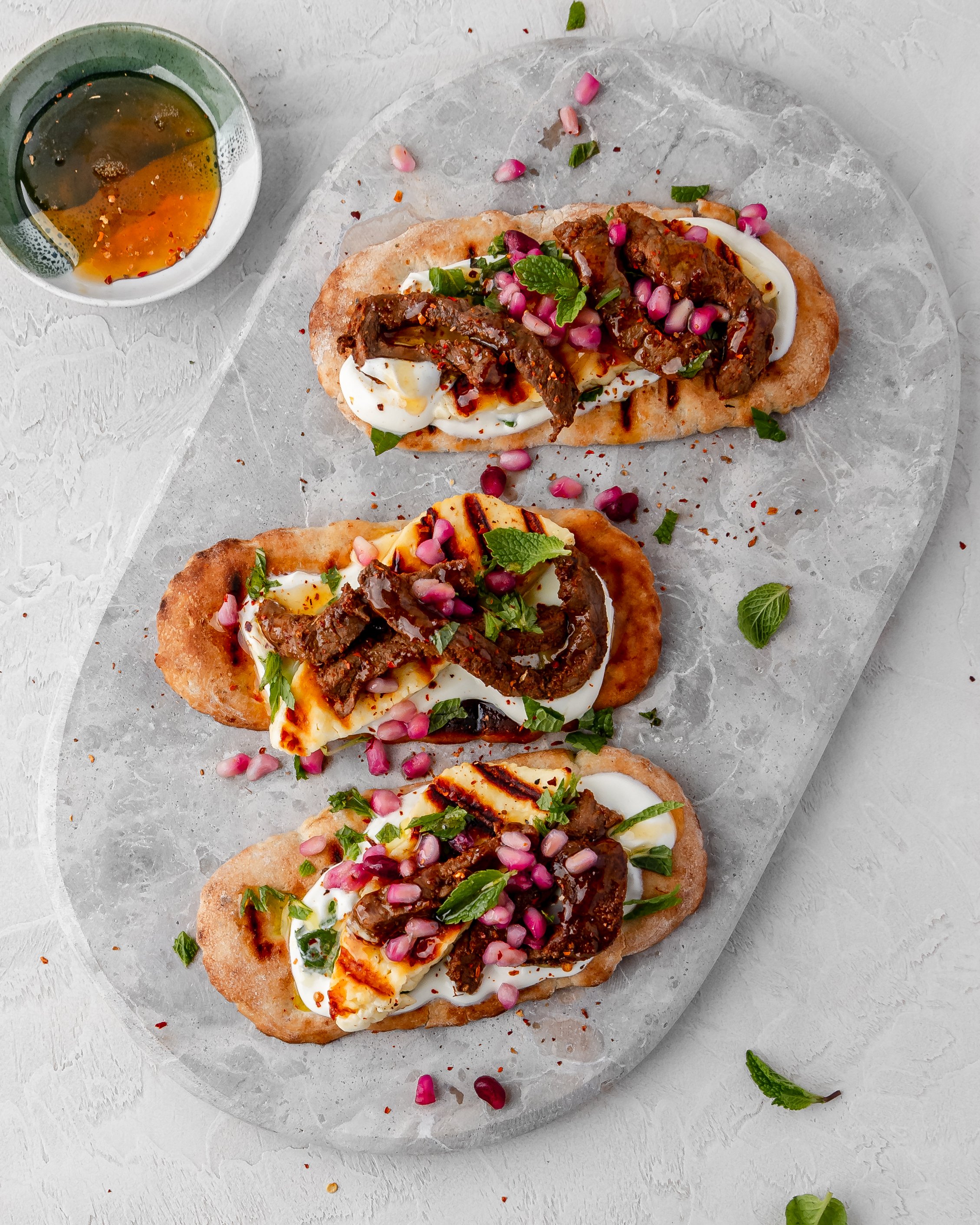 Hot Honey Beef & Haloumi Flatbread