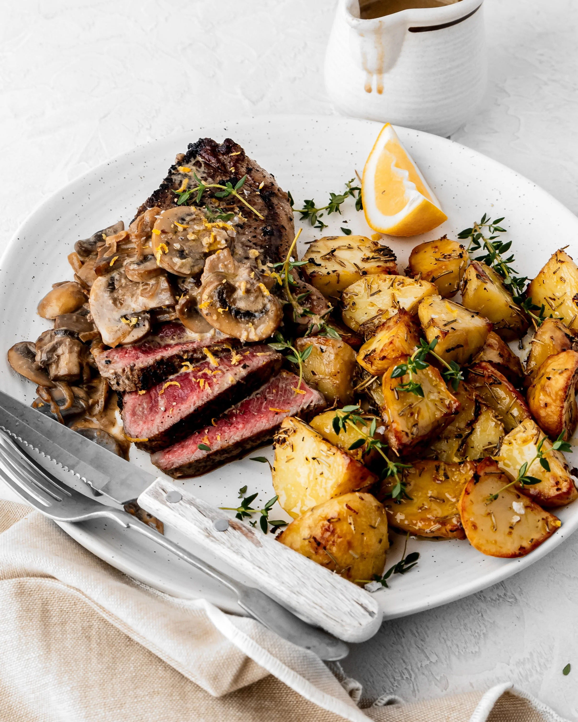 Steak & Mushroom Gravy with Lemon Garlic Roast Potatoes