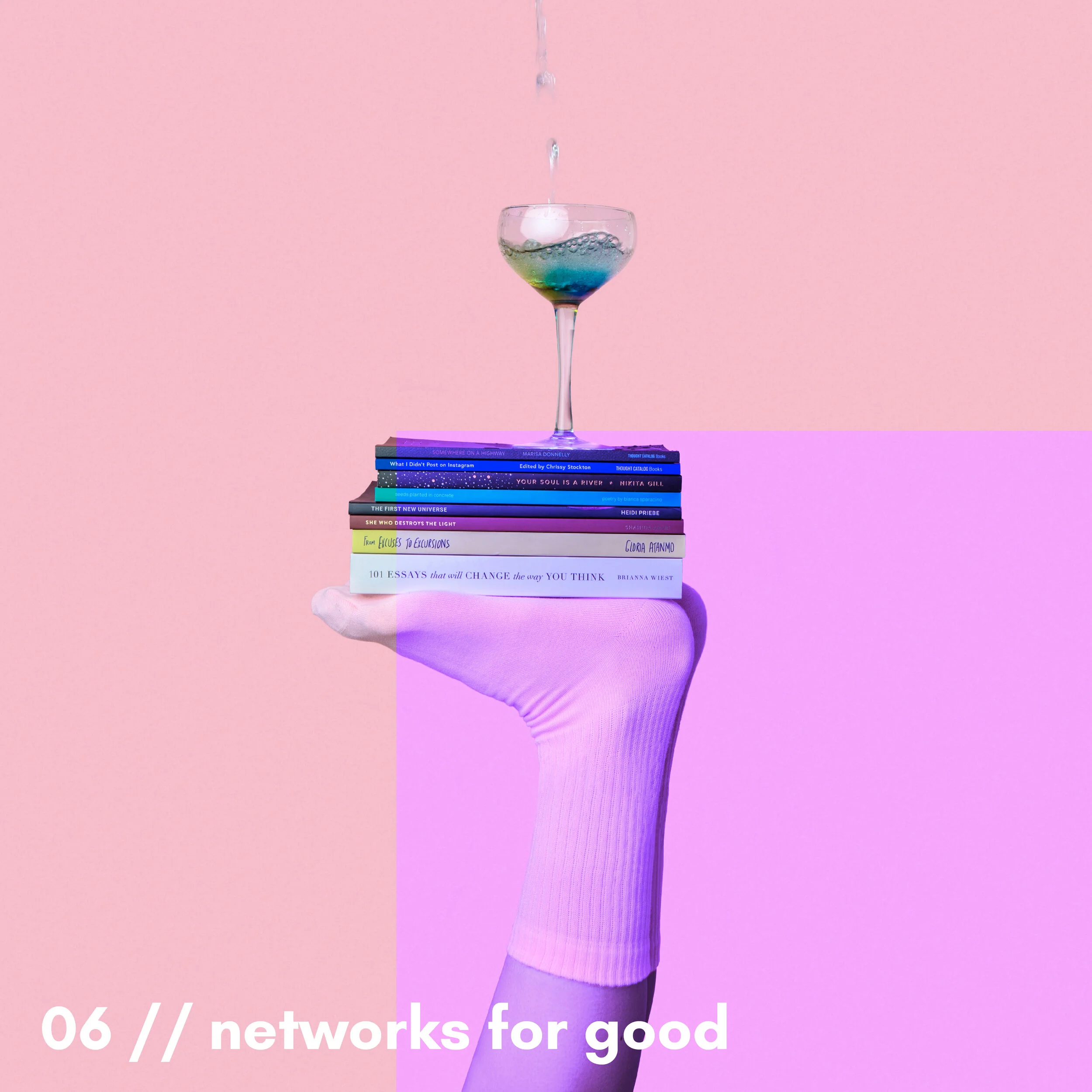 A hand in a purple glove holding a stack of books with a pink background. Some books are titled 'network for good' and other titles are partially visible.
