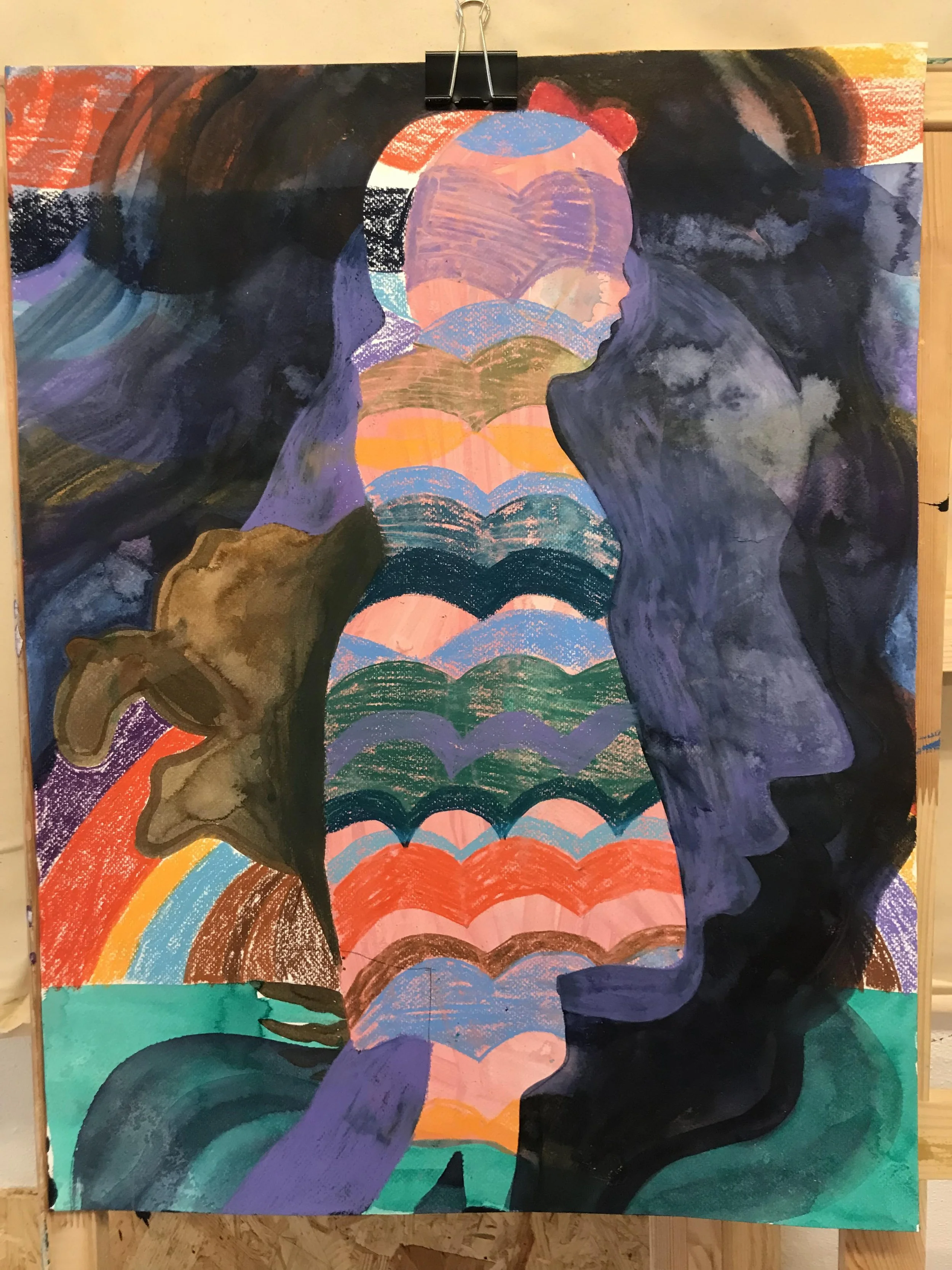 'Internal Rainbows'. Acrylics, inks and crayons on khadi paper. 60cmx50cm. 2022