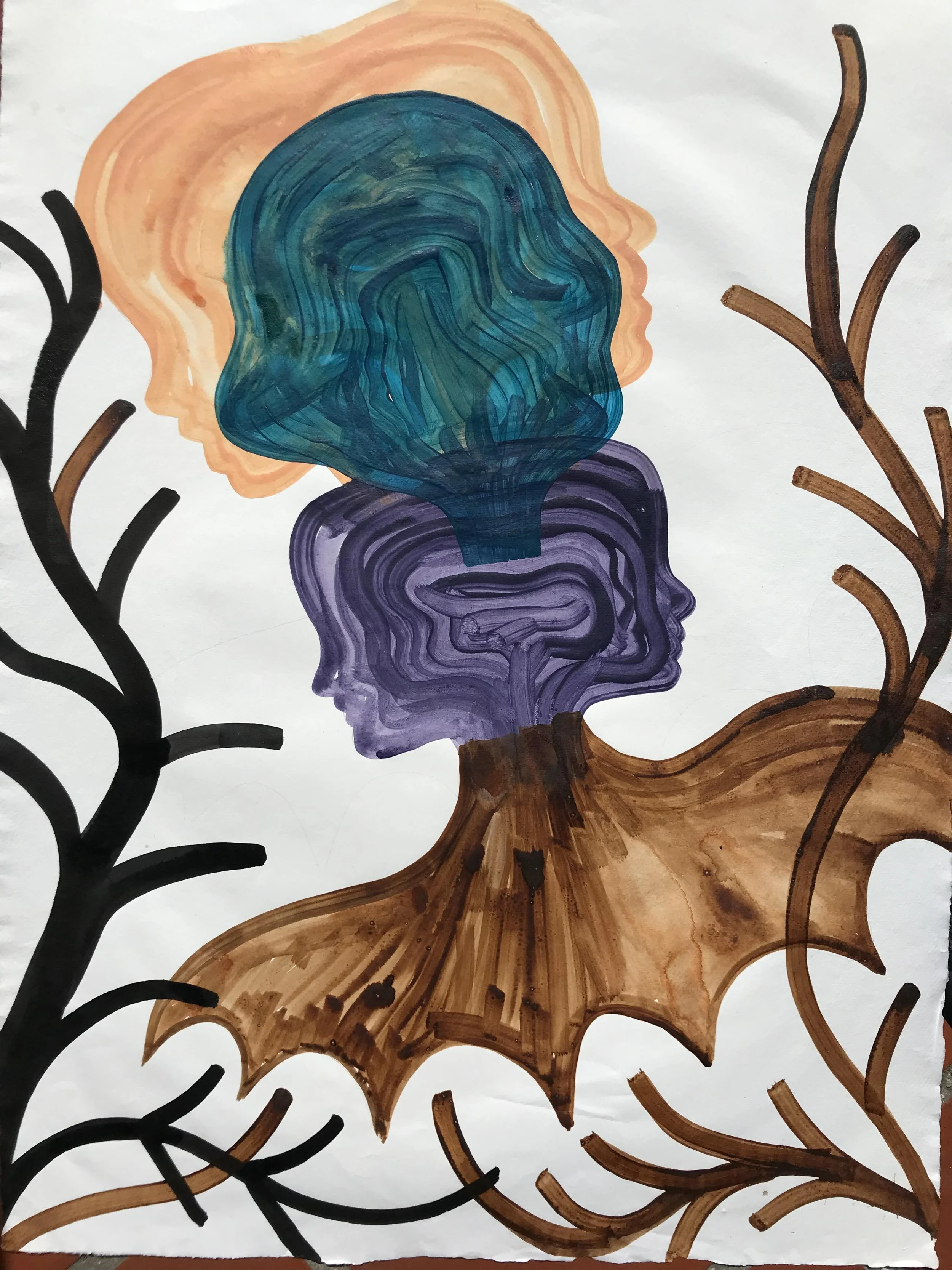 'Becoming'. Acrylics and inks on khadi paper. 76cmx57cm. 2022