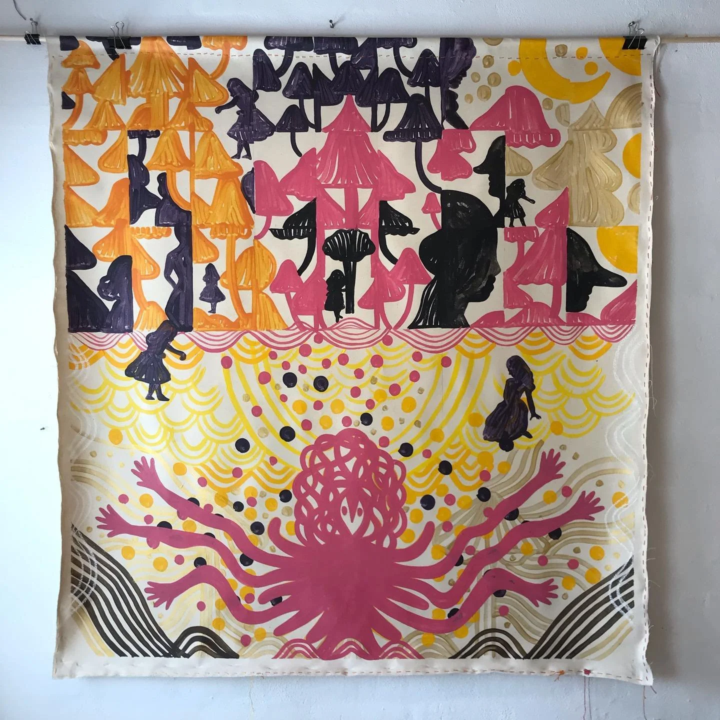 'Tapestry of Transformation'. Cotton and linen canvas with acrylics. 150cm x 150cm, 2022