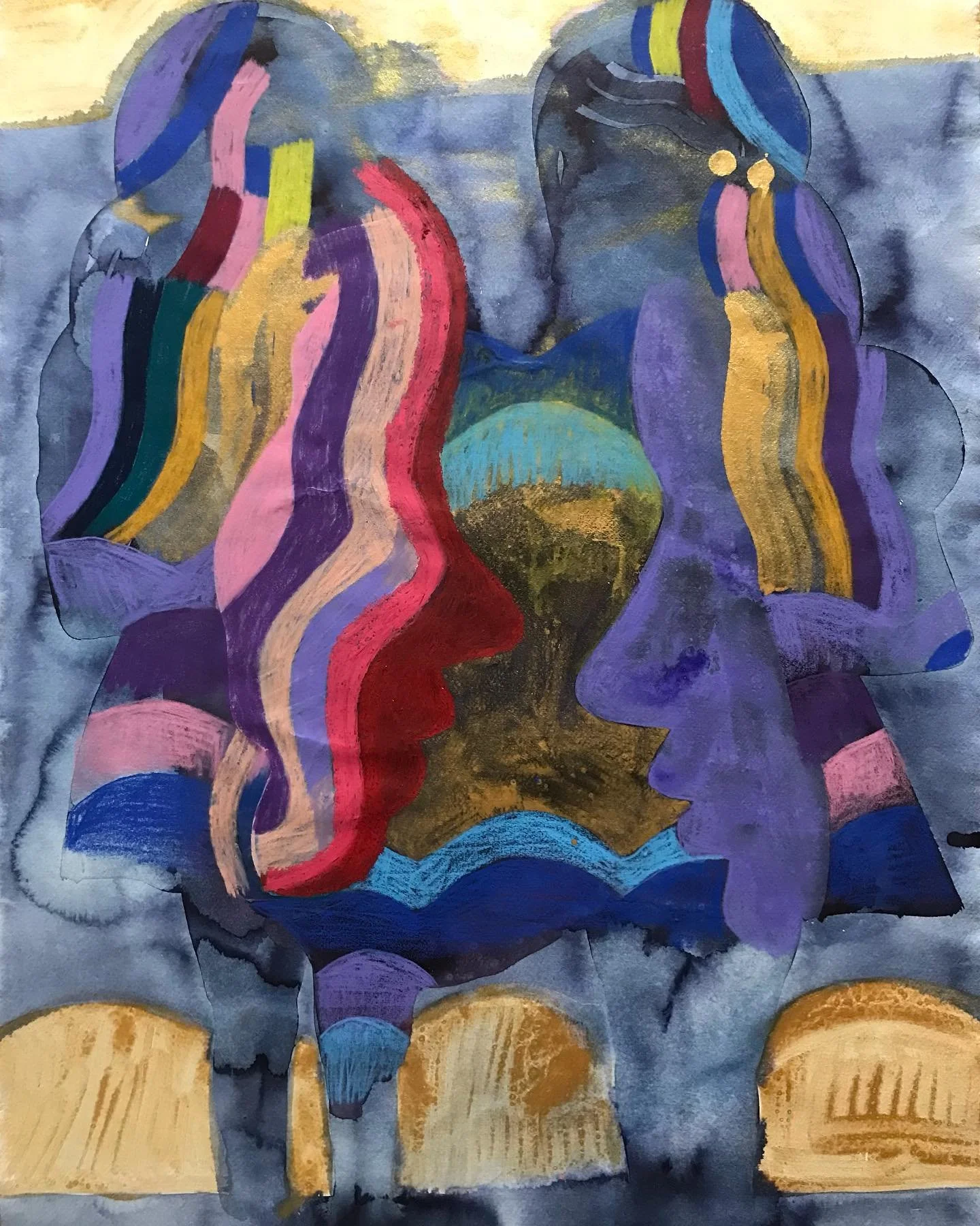 'Helena & I, 1986'. Acrylics and inks on khadi paper. 76cmx57cm. 2022