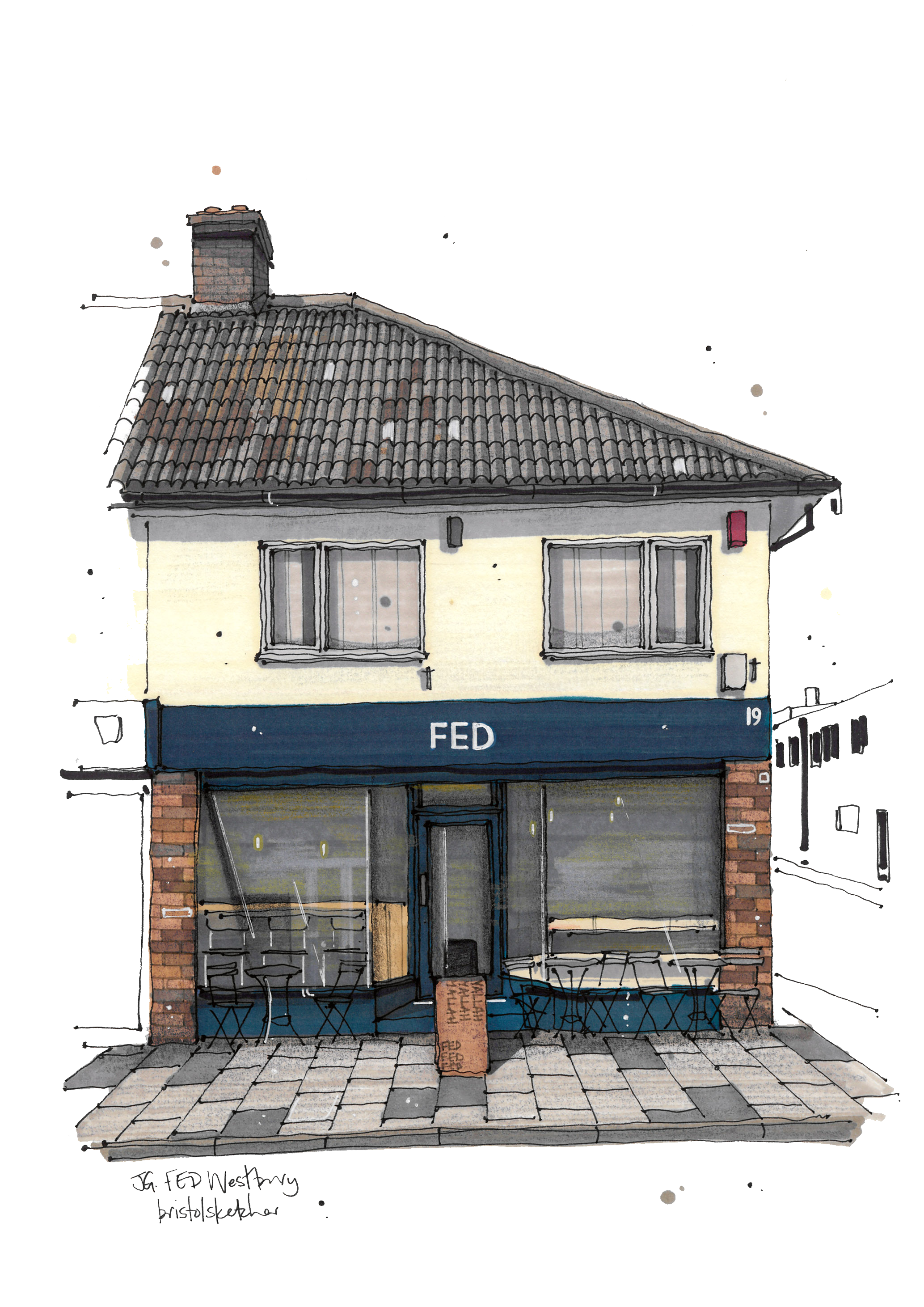 An illustration of FED in Westbury-on-Trym with a cafe on the ground floor with a blue sign that says 'FED'. The ground floor has large windows and outdoor seating with tables and chairs.