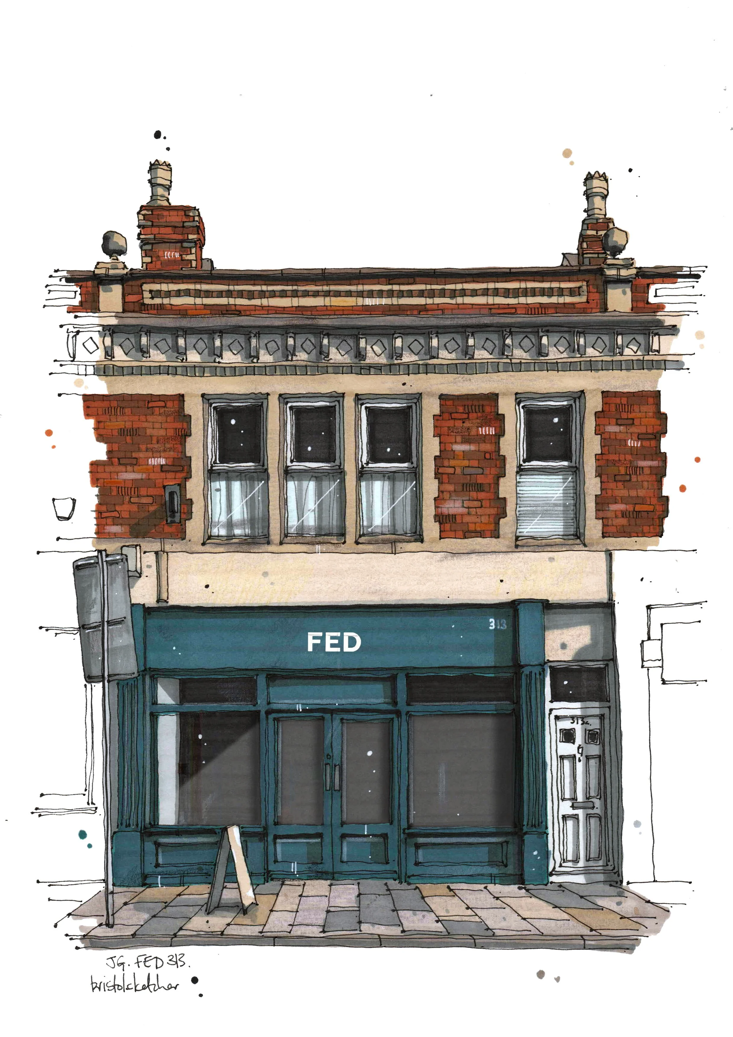 An illustration of FED in Gloucester Road with a cafe on the ground floor with a blue sign that says 'FED'. The ground floor has large windows and outdoor seating with tables and chairs.