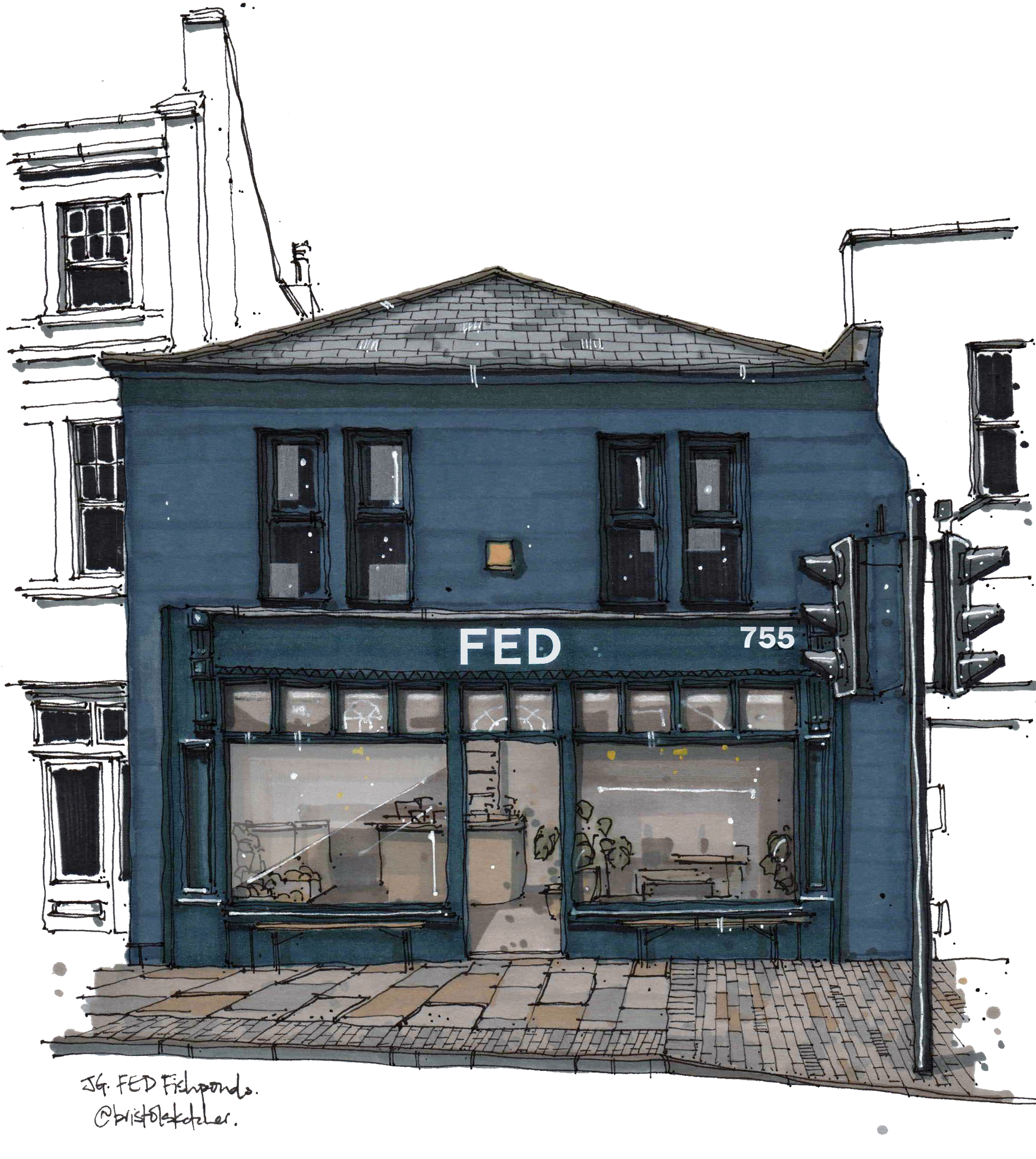 An illustration of FED in Fishponds with a cafe on the ground floor with a blue sign that says 'FED'. The ground floor has large windows and outdoor seating with tables and chairs.