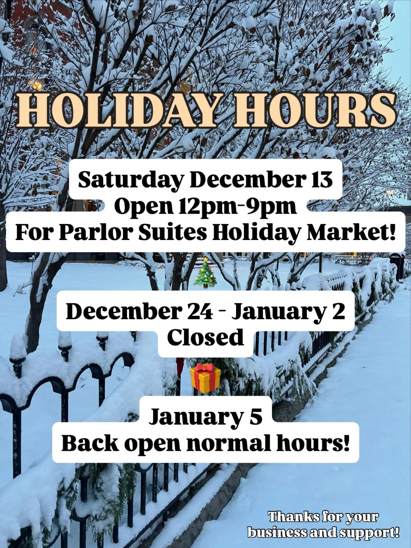 We&rsquo;re looking forward to the holidays, which means we have a few modified hours coming up! 

Stop by on Saturday, December 13, for the Parlor Suites Open House, Flash Day, and Holiday Market happening from 12pm-9pm. TNB will be open the whole t