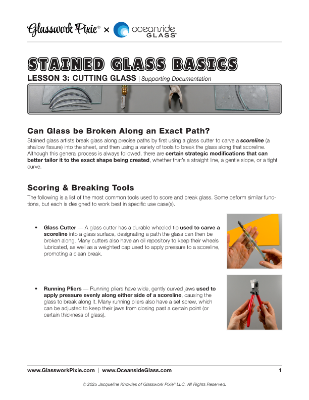 Supporting documentation file for Lesson 3 of Glasswork Pixie's Stained Glass Basics instructional course