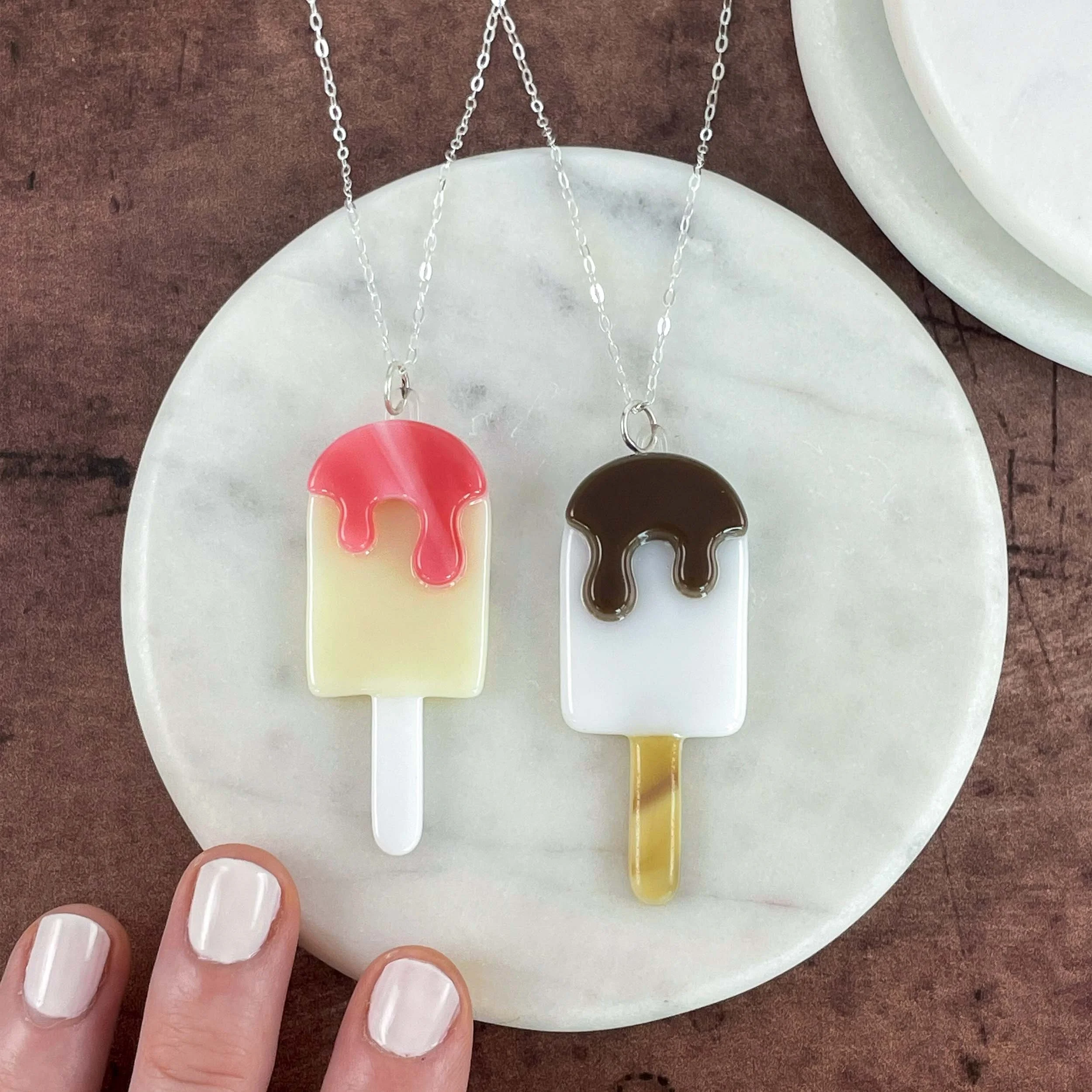 Two different colored fused glass popsicle necklaces with sterling silver chains