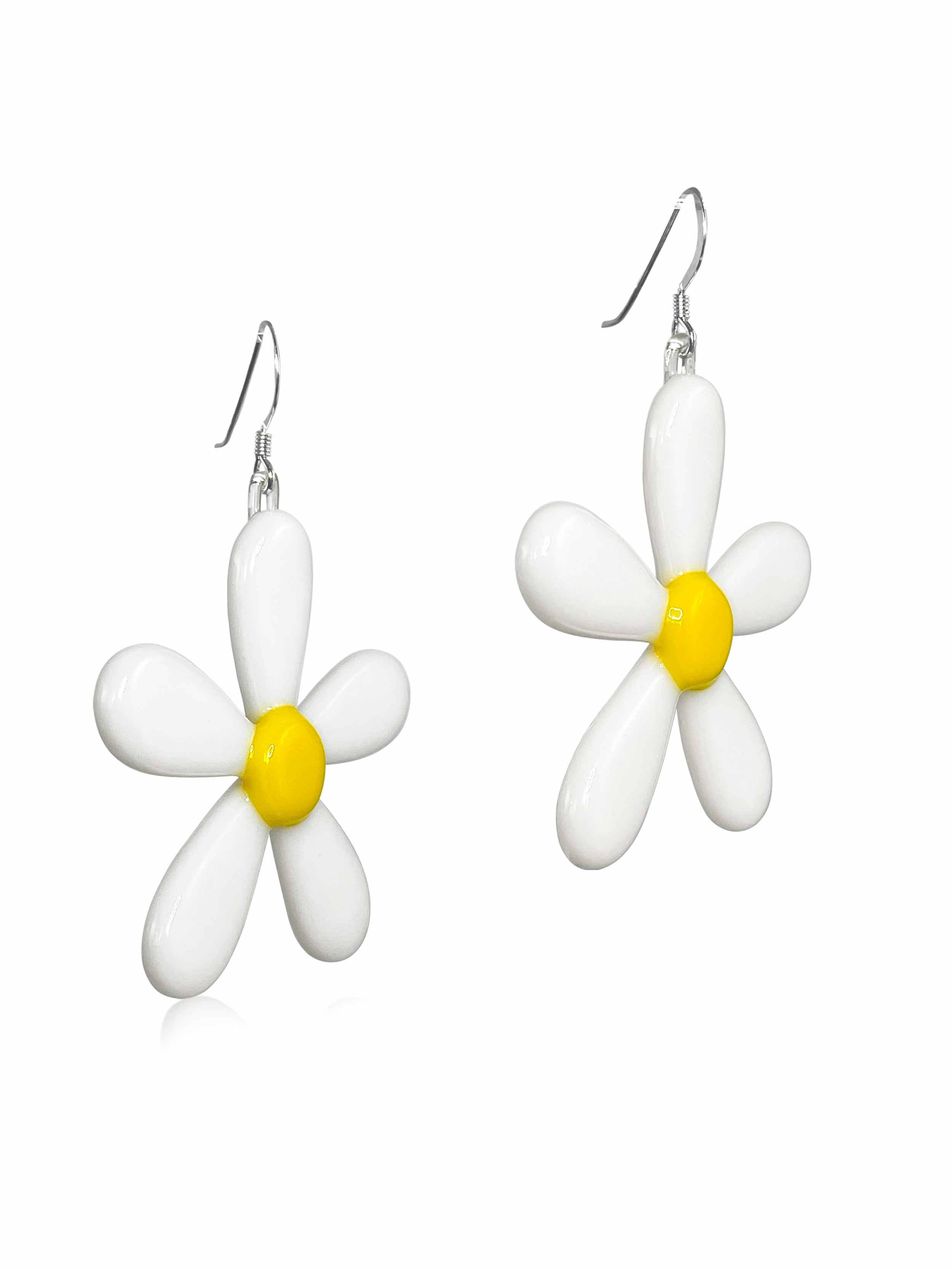 Side Angle Of Fused Glass Daisy Statement Earrings Handmade By Glasswork Pixie