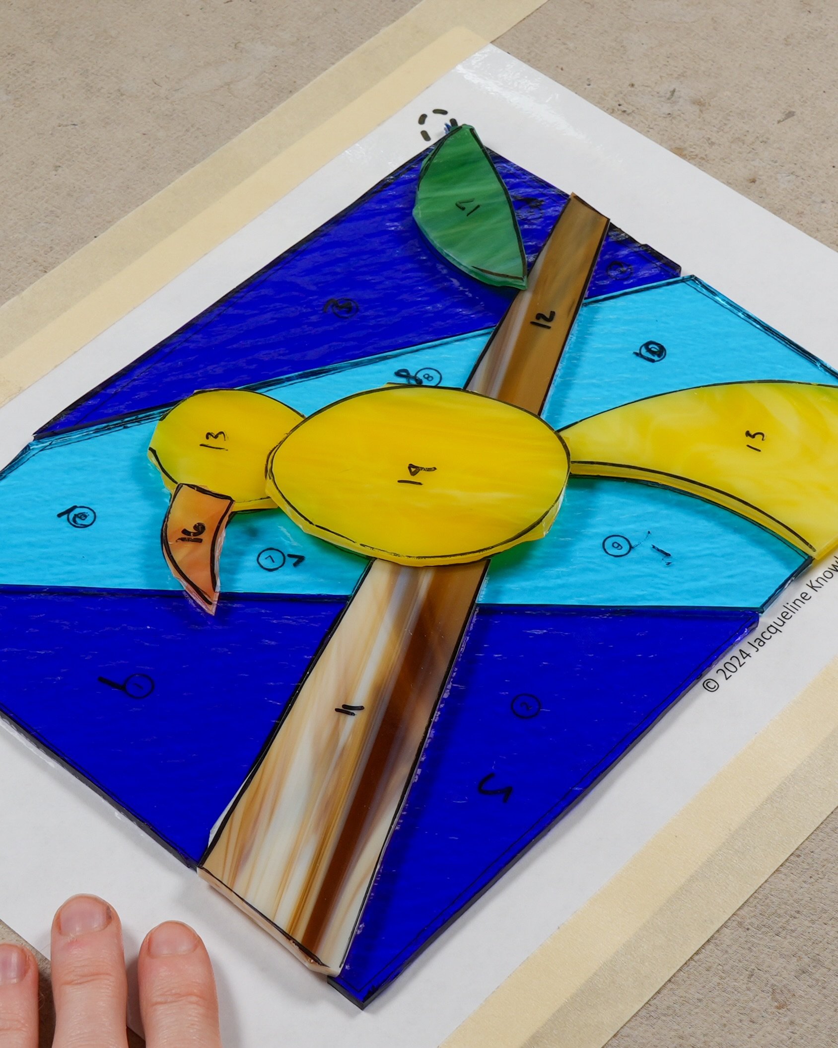 Peep peek! 👁️🐤&thinsp;
&thinsp;
Sharing a preview of the panel I designed as the culmination of my Stained Glass Basics course to give viewers a chance to make it along with me while practicing everything they&rsquo;ve learned throughout the prior 