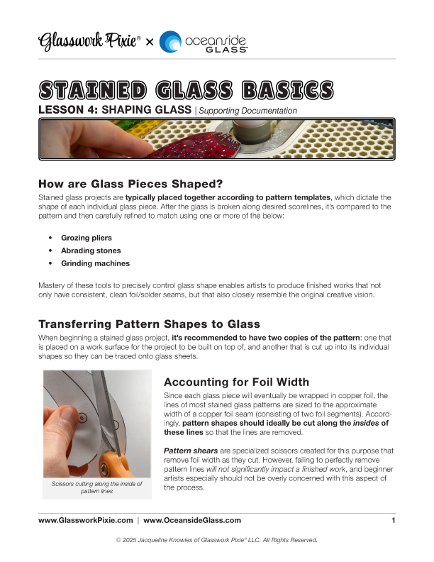 Supporting documentation file for Lesson 4 of Glasswork Pixie's Stained Glass Basics instructional course