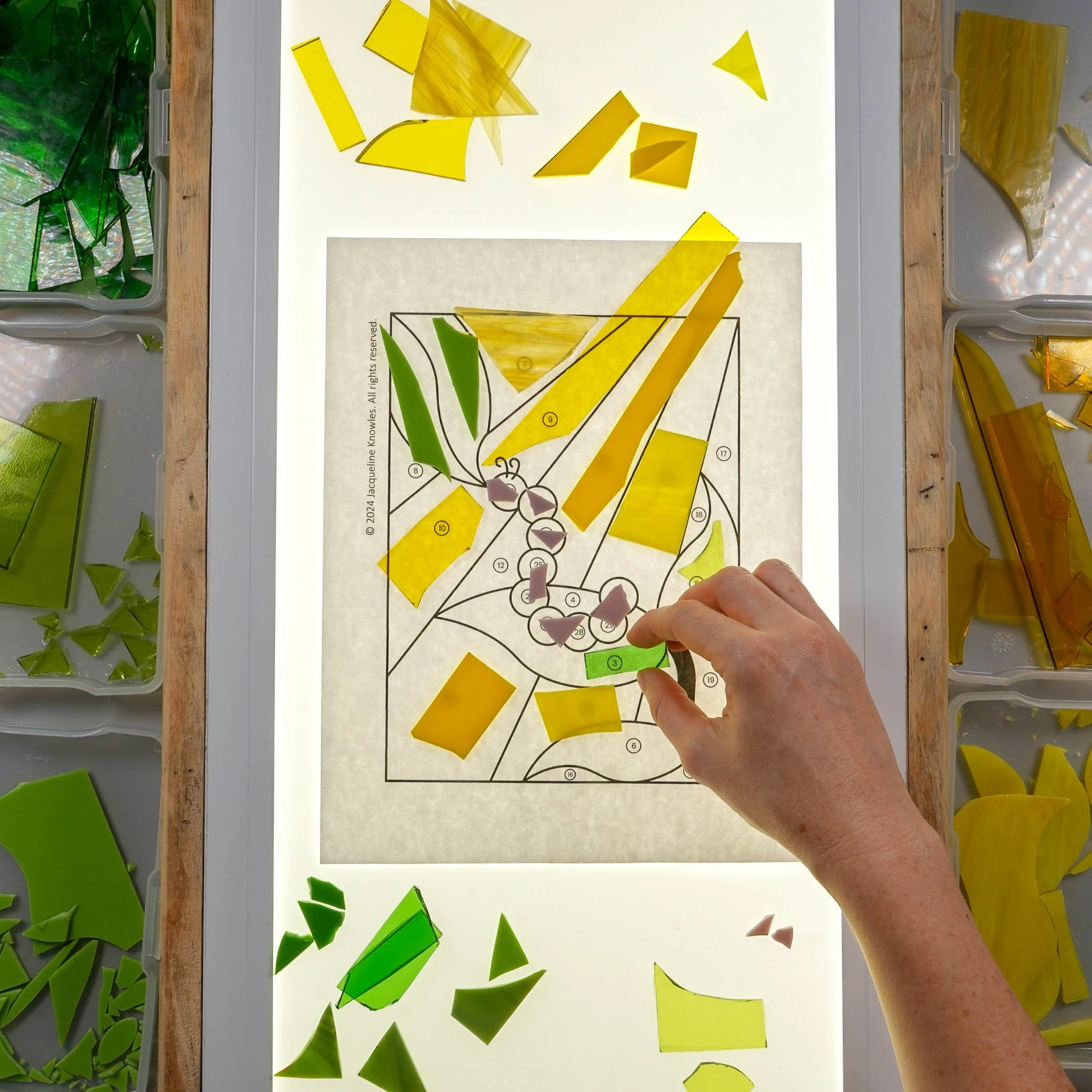 Various-colored stained glass scraps being placed on top of a caterpillar pattern on a lightboard