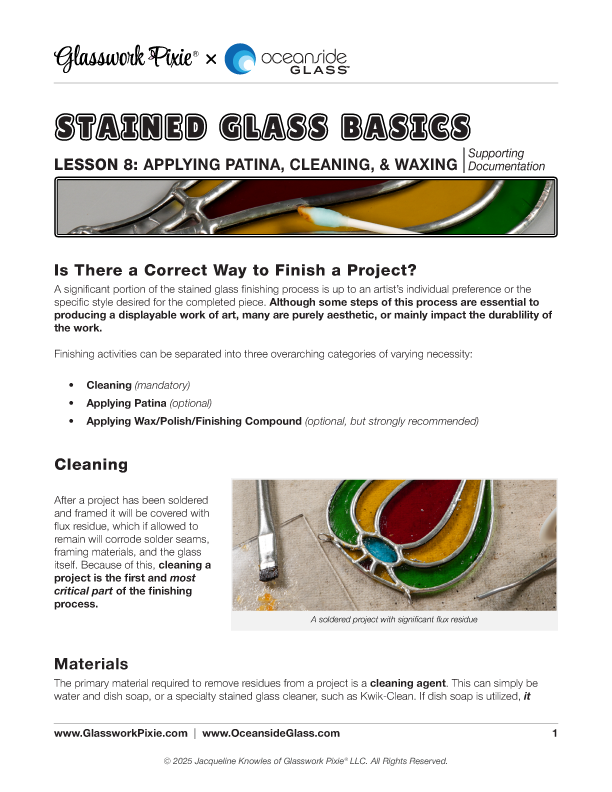 Supporting documentation file for Lesson 8 of Glasswork Pixie's Stained Glass Basics instructional course