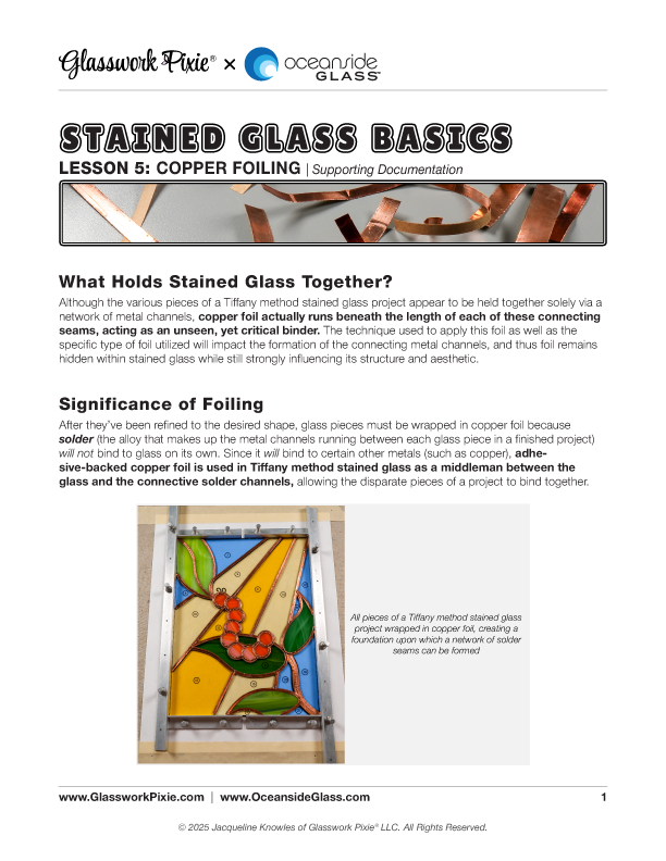 Supporting documentation file for Lesson 5 of Glasswork Pixie's Stained Glass Basics instructional course