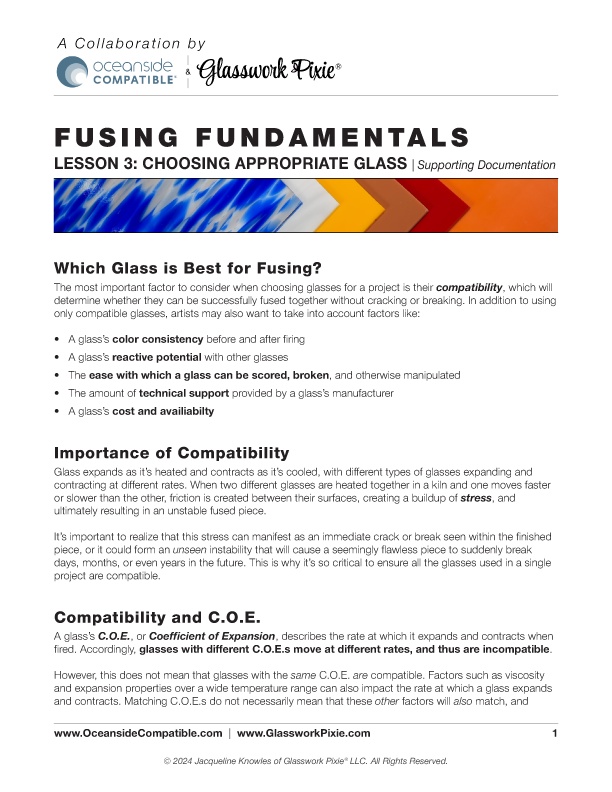Supporting documentation file for Lesson 3 of Glasswork Pixie's Fusing Fundamentals instructional course