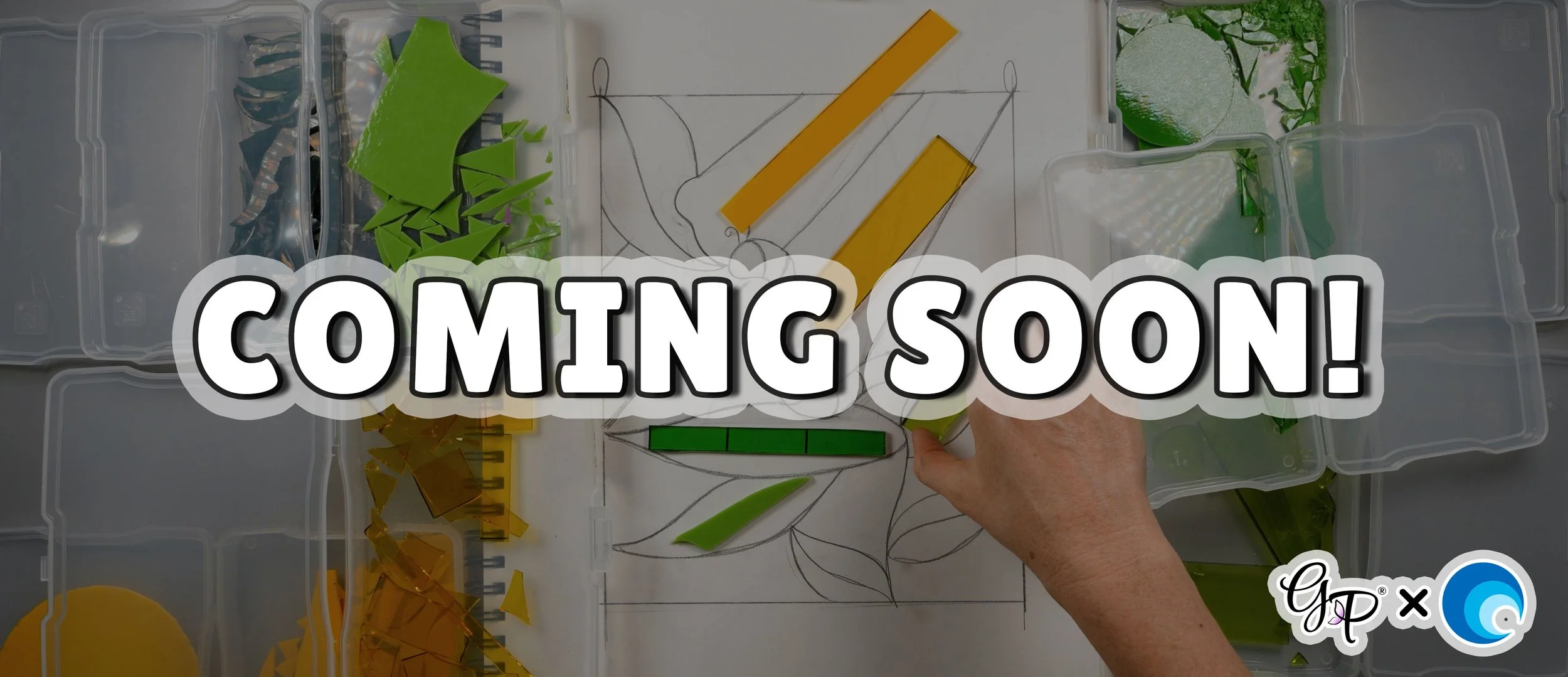 A hand placing colorful glass scraps on top of a stained glass caterpillar pattern with 'COMING SOON' text overlay